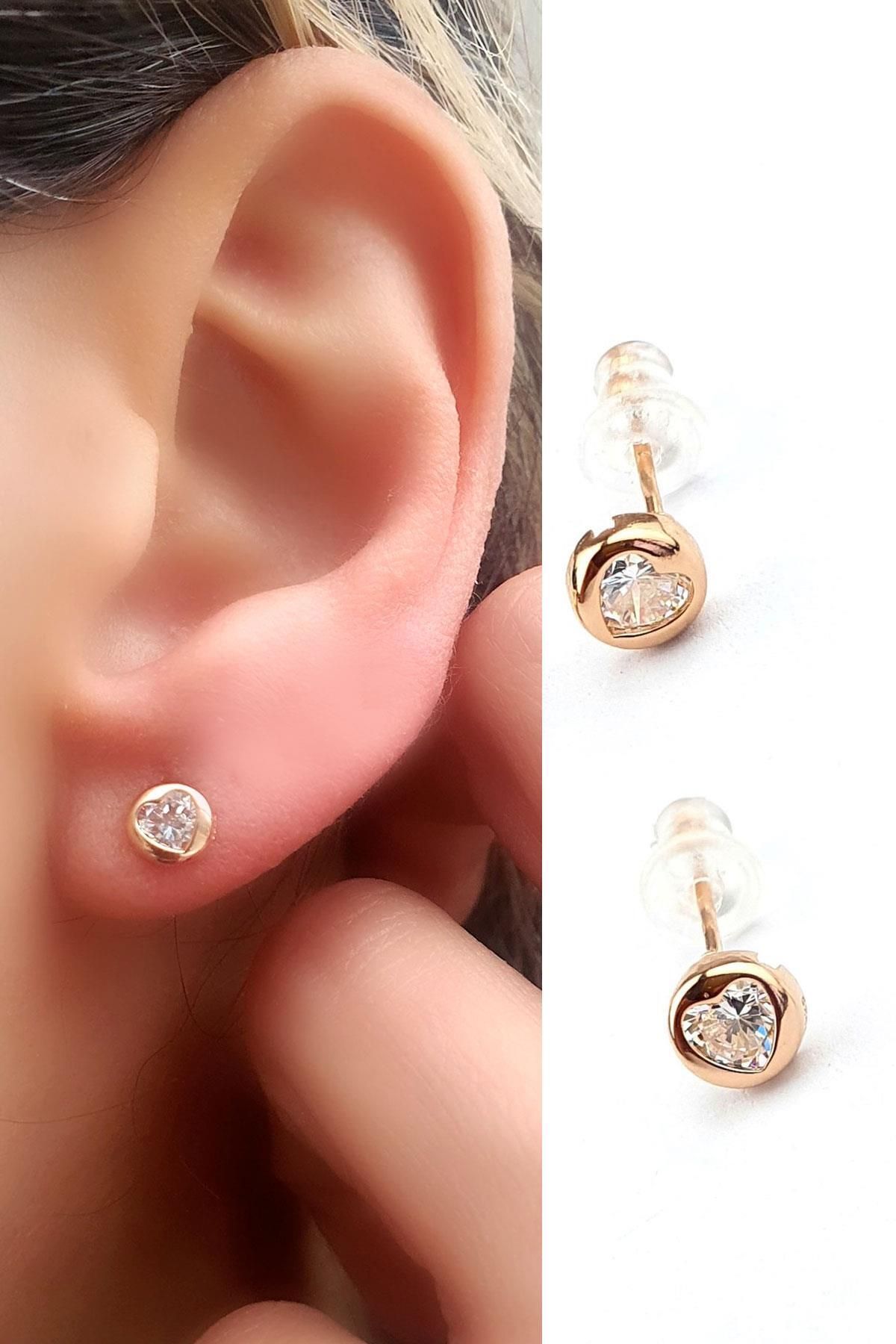 OSESHOP İtalyan 925ayar Gümüş Üzerine Rose Altın Kaplama Kalp Şeklinde Zirkon Taşlı Minimal Küpe