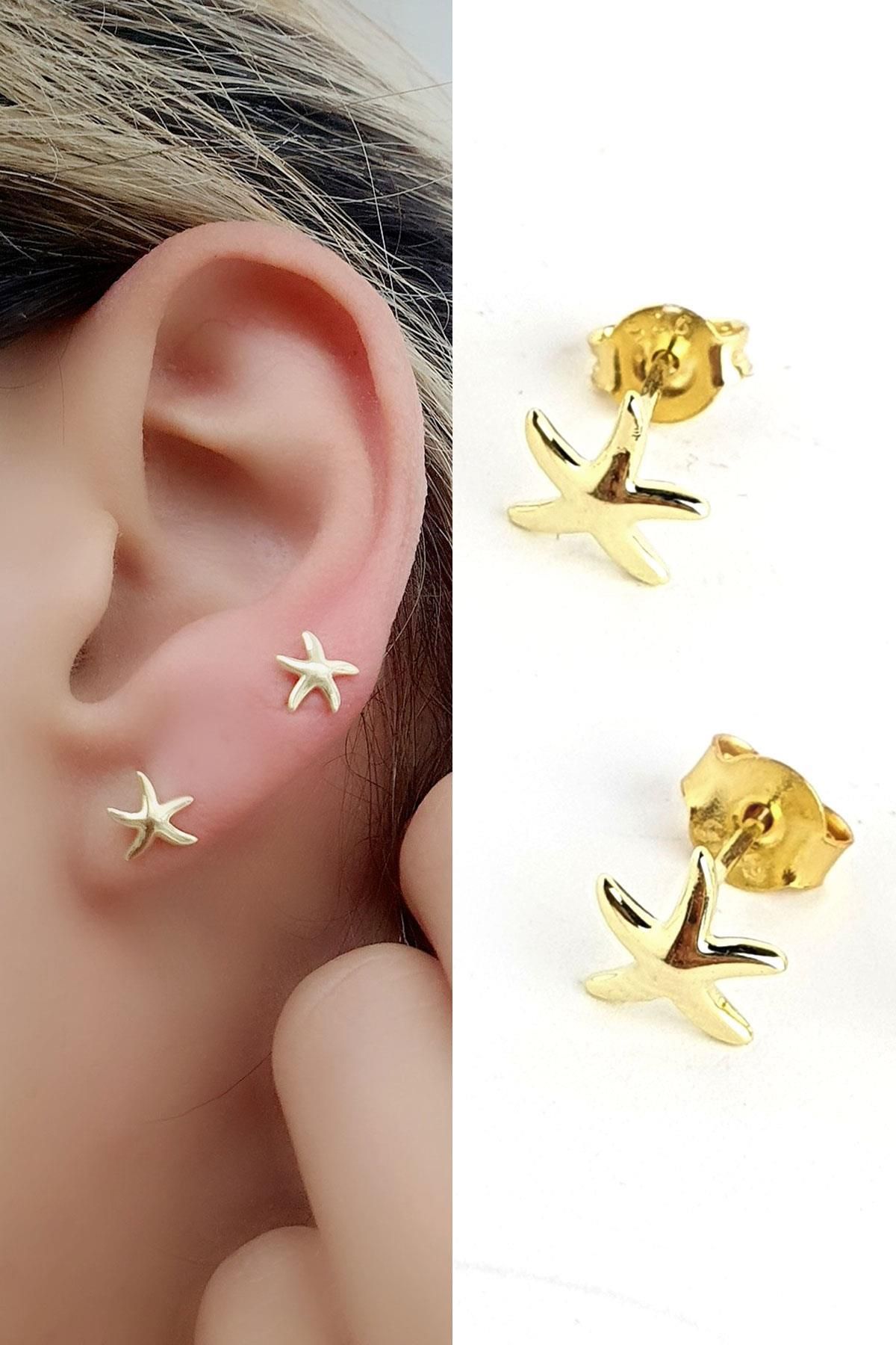 OSESHOP 925ayar Gümüş Üzerine Altın Kaplama Minimal Deniz yıldızı figürlü Küpe