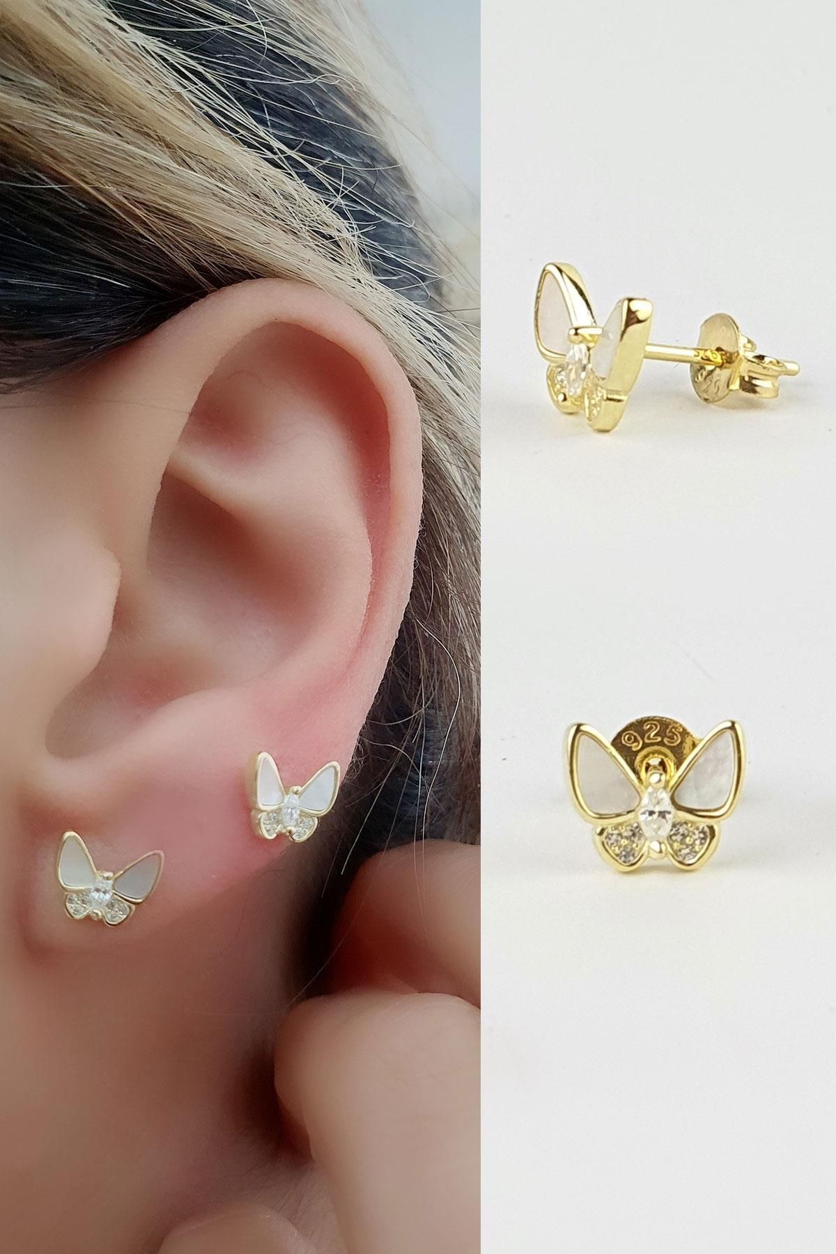 OSESHOP Zirkon Taş Detaylı taşlı 925ayar gümüş İtalyan Tasarımı minimal Kelebek figürlü küpe