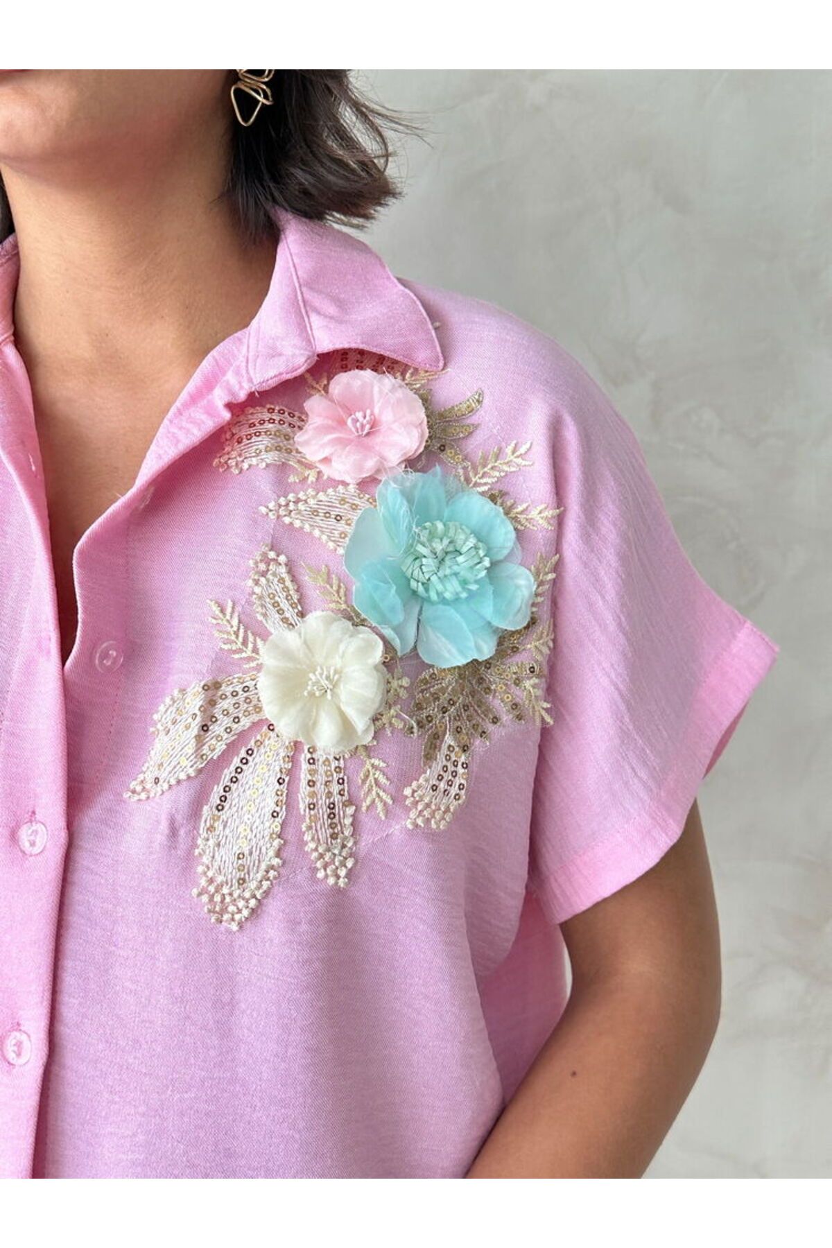 studio fashion 1988 Sarı Çiçek Detaylı %100 Keten Gömlek