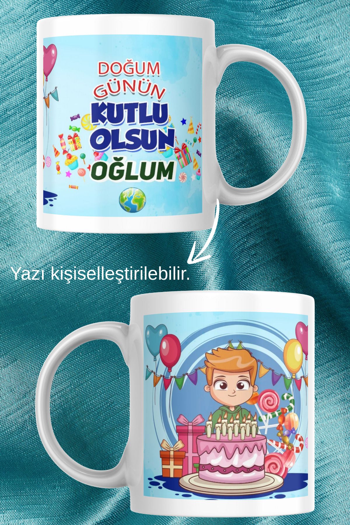 zerhome Doğum Günü Oğlum Temalı Beyaz Porselen Kupa Bardak