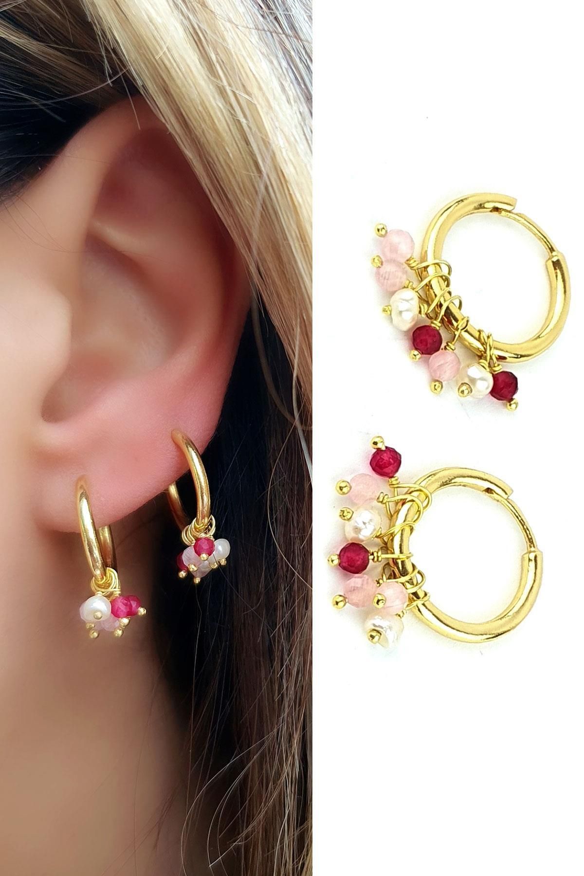 OSESHOP Pembe kuvars Pembe Turmalin ve İncili 925ayar Gümüş Üzerine Altın Kaplama Tasarım Halka Küpe 1.5cm