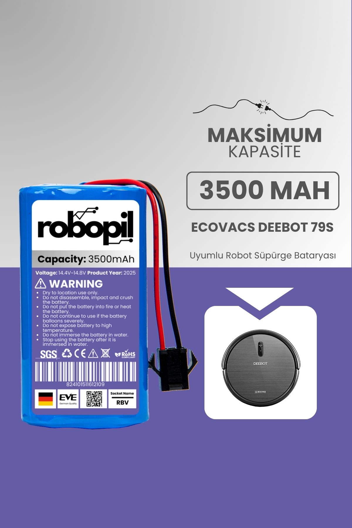 ROBOPİL Ecovacs Deebot 79s Pil Batarya [Maksimum Kapasite] 3500mah Akıllı Robot Süpürge Bataryası