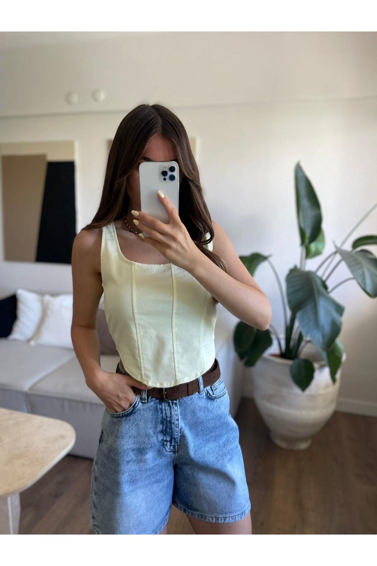 Özgece SOFT SARI KORSE GÖRÜNÜMLÜ CROP