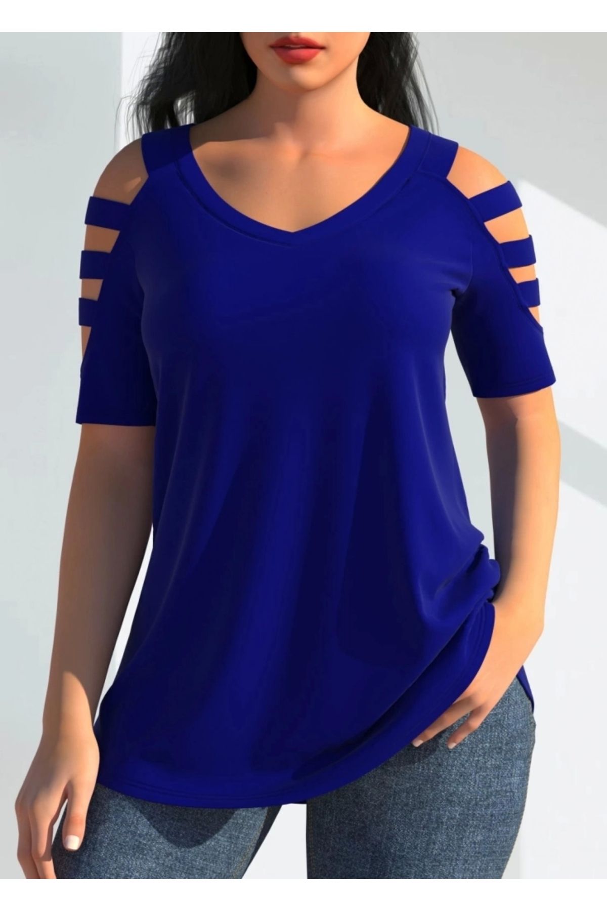 Butik Kadın Kısa Kollu Kollar şerit Detay V Yaka Viskon Bluz