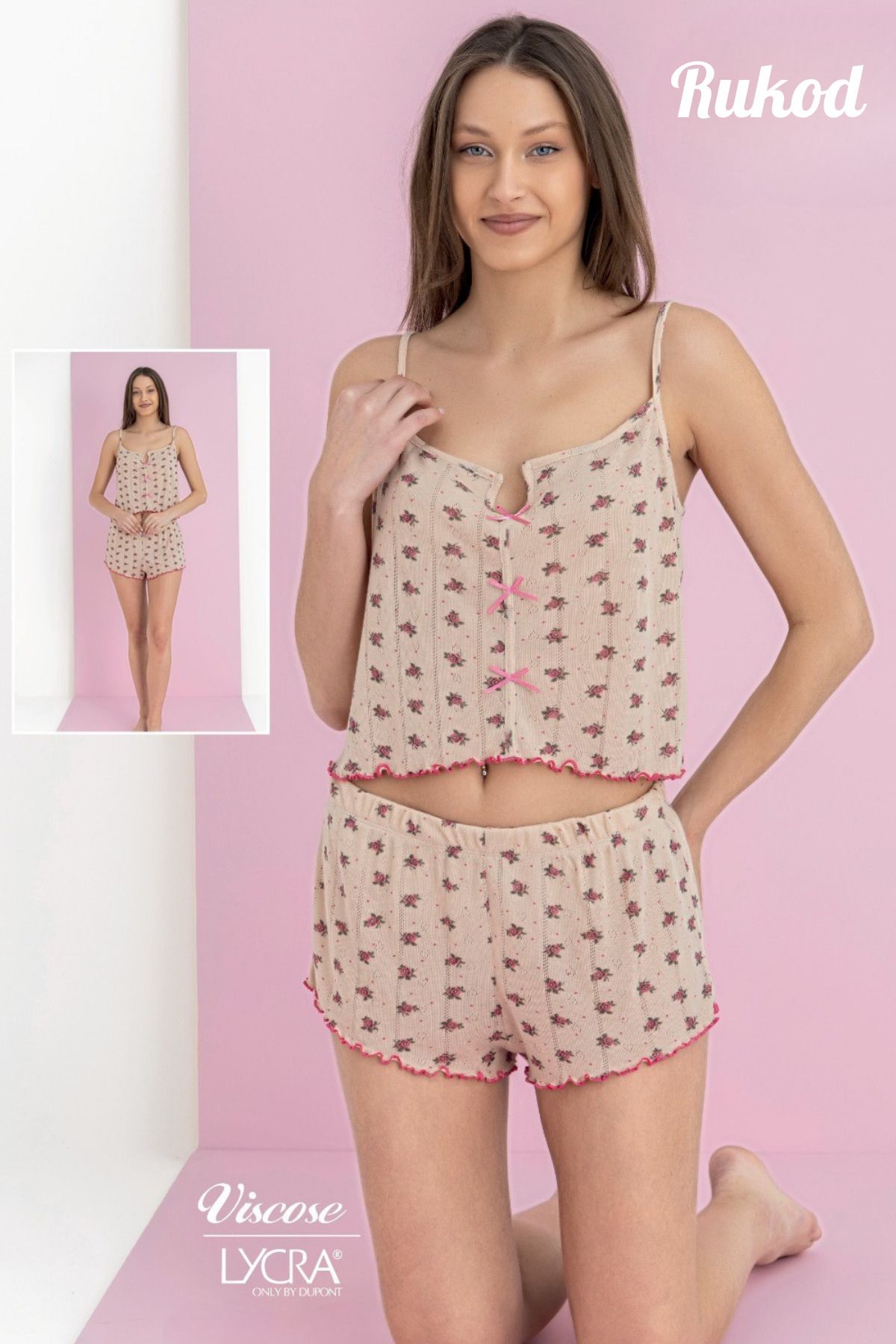 RUKOD Kadın Krem İp Askılı Fırfır Şortlu Çiçek Desenli Fiyonk Detaylı Pinterest Pijama Takımı