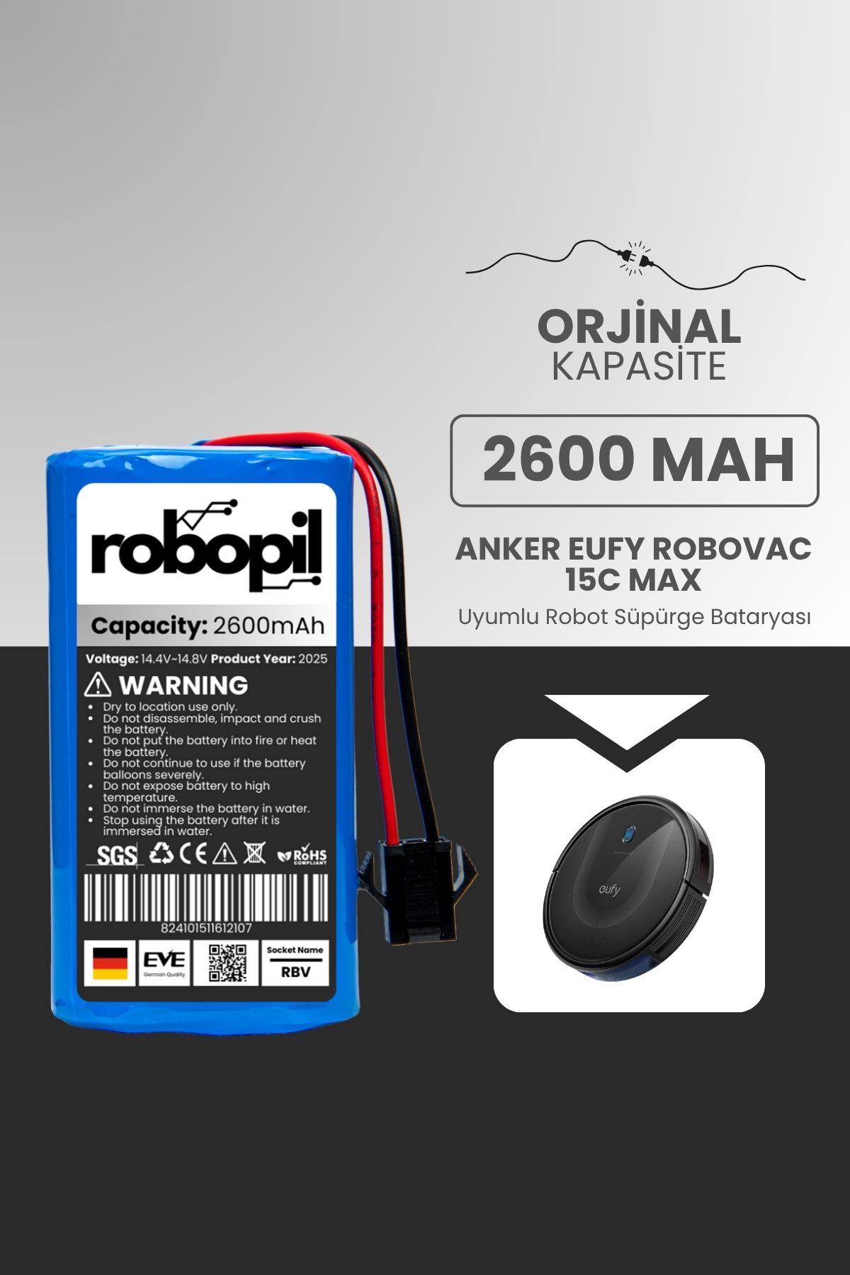 ROBOPİL Anker Eufy Robovac 15c Max Pil Batarya [standart Kapasite] 2600mah Akıllı Robot Süpürge Bataryası