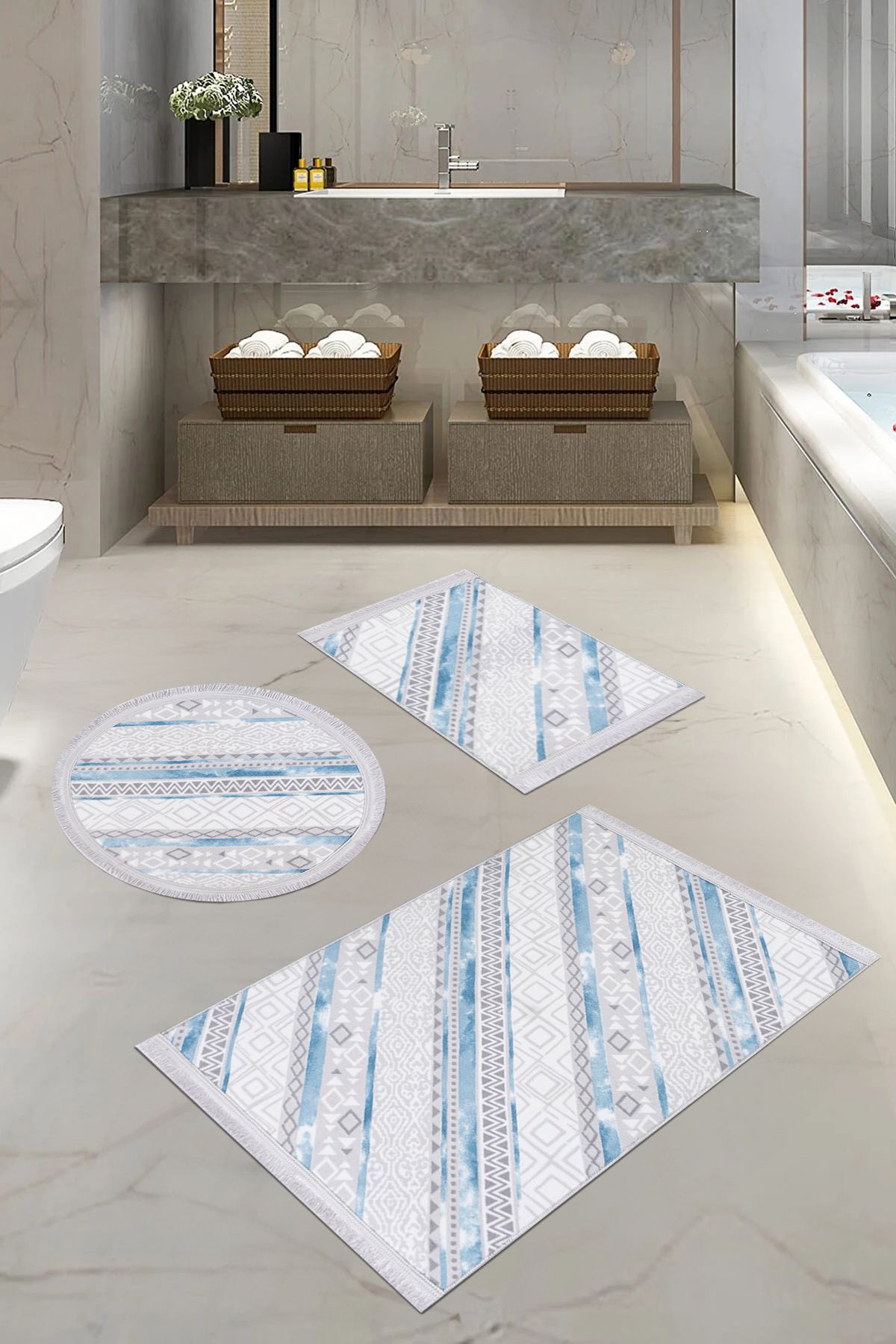 teknotrust 3'lü Banyo Paspası Halısı Seti, Mavi-Gri, 100x70-60x40-60x60, Yuvarlak