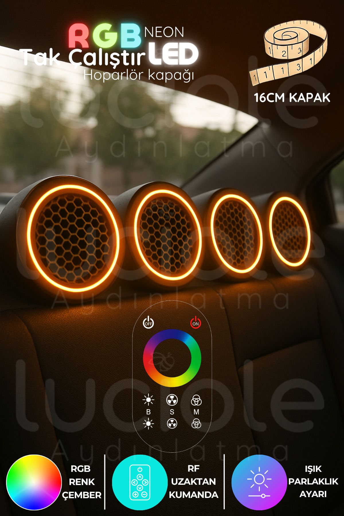 luciole RGB Neon LED Hoparlör Kapağı Seti – 4'lü 16cm | RF Kumandalı | 12V & 24V Uyumlu