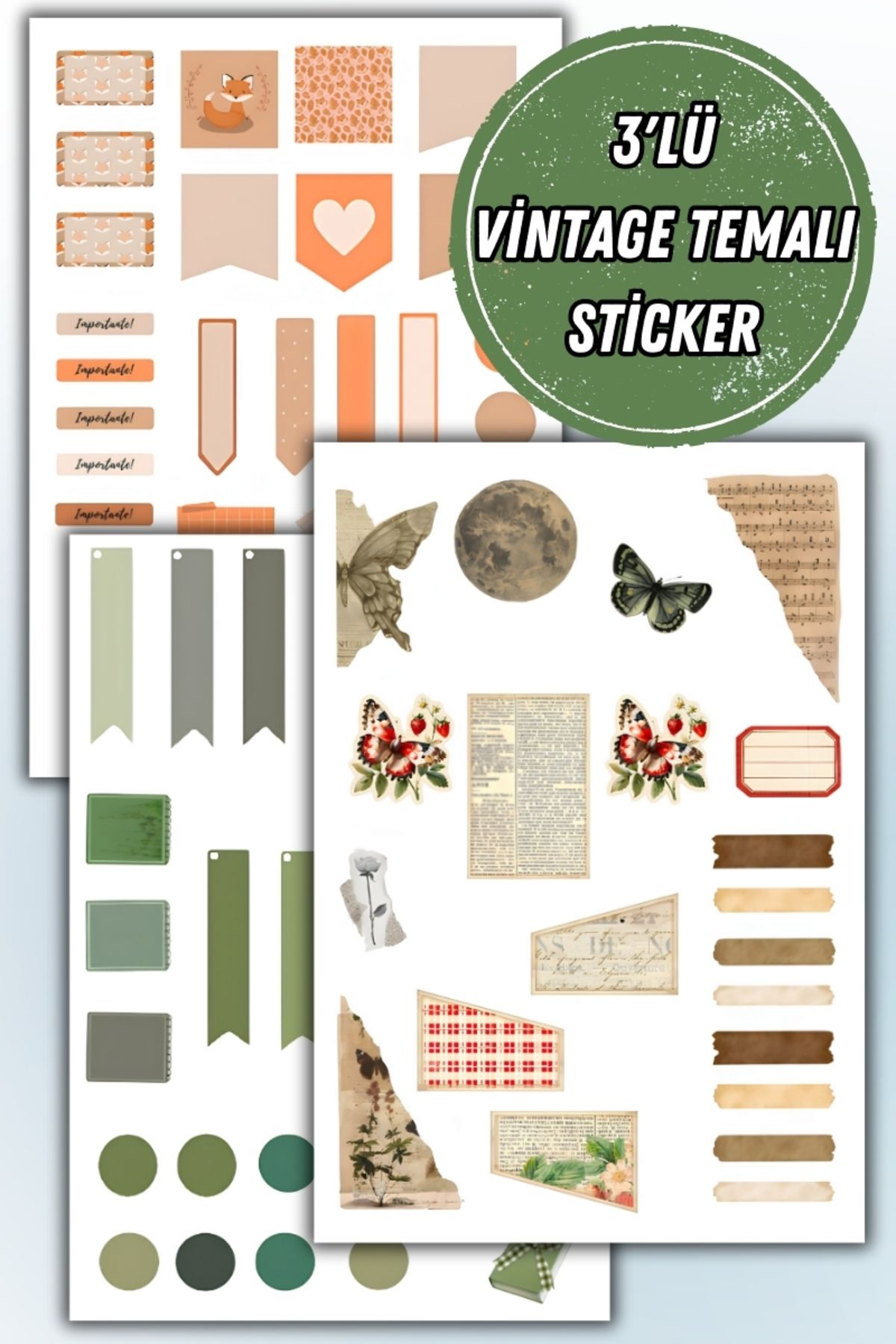 teknotrust 3'lü Vintage Sticker Set, Ajanda ve Bullet Journal için Uygun, Şık ve Kullanışlı Tarz