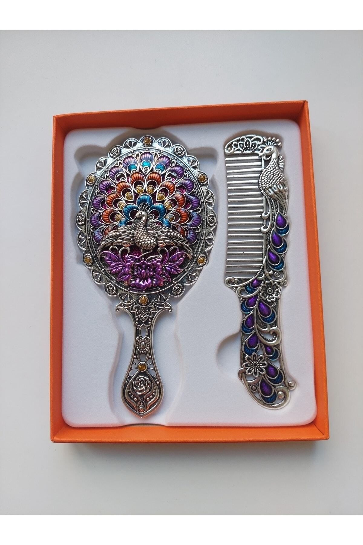 Elioure Şık Metal Tavuskuşu Ayna ve Tarak Seti, 15x12, Hediye İçin Ideal