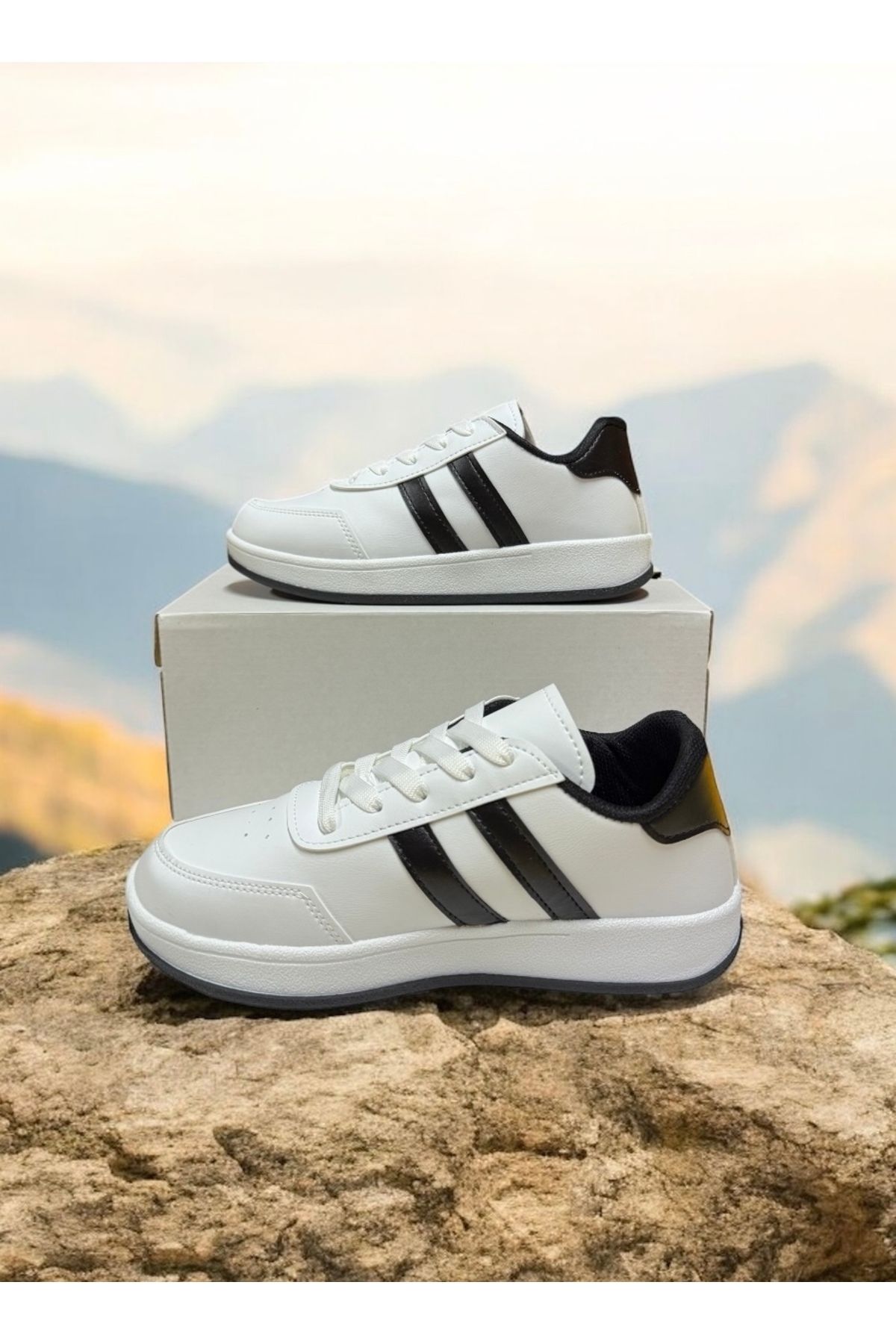 Trendova Beyaz-Siyah İki Bantlı Unisex Günlük Hafif Taban Sneaker Spor Ayakkabı