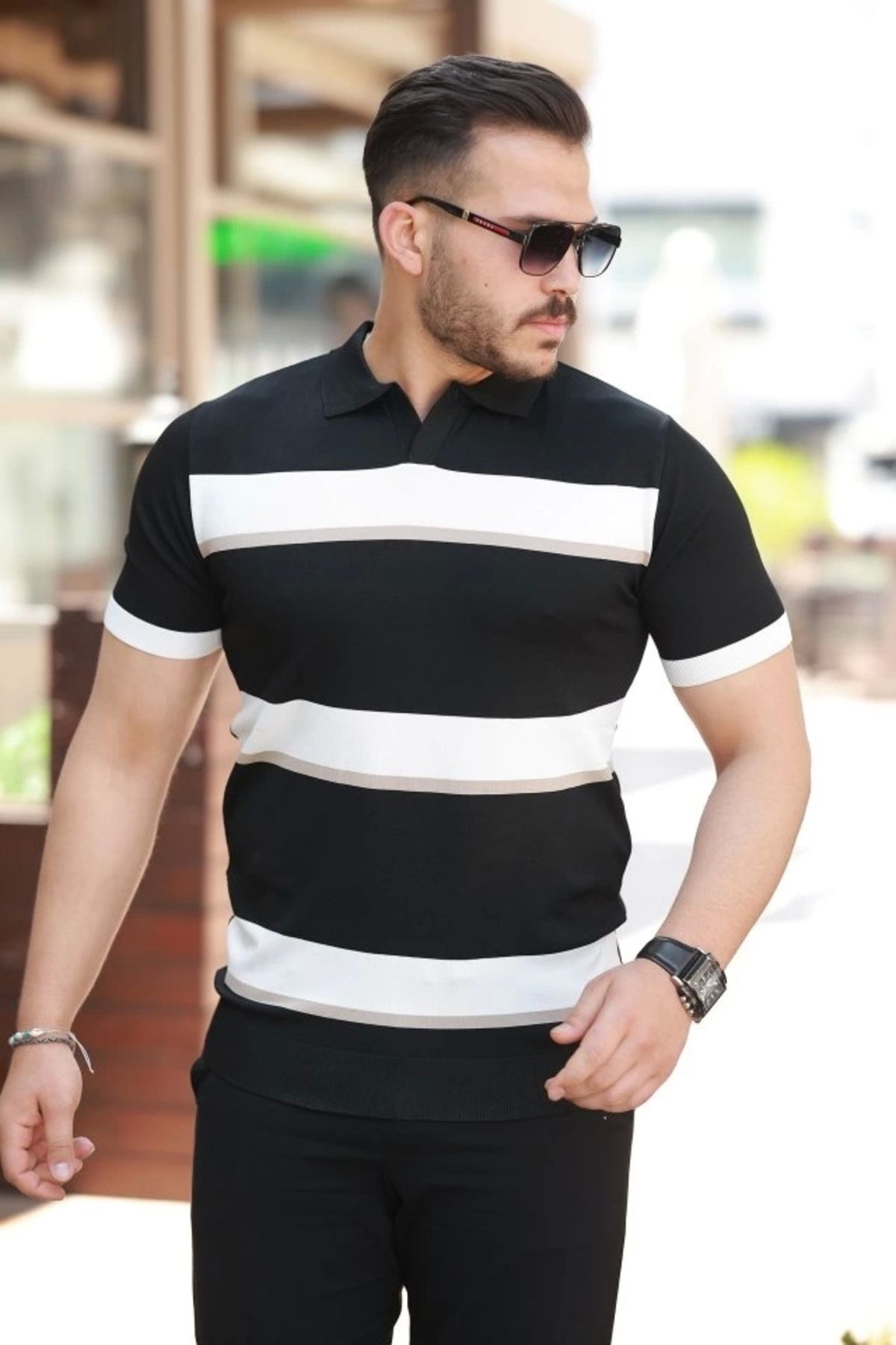 Butik Erkek şerit Desenli Hemşire Yaka Kısa Kollu Tişört