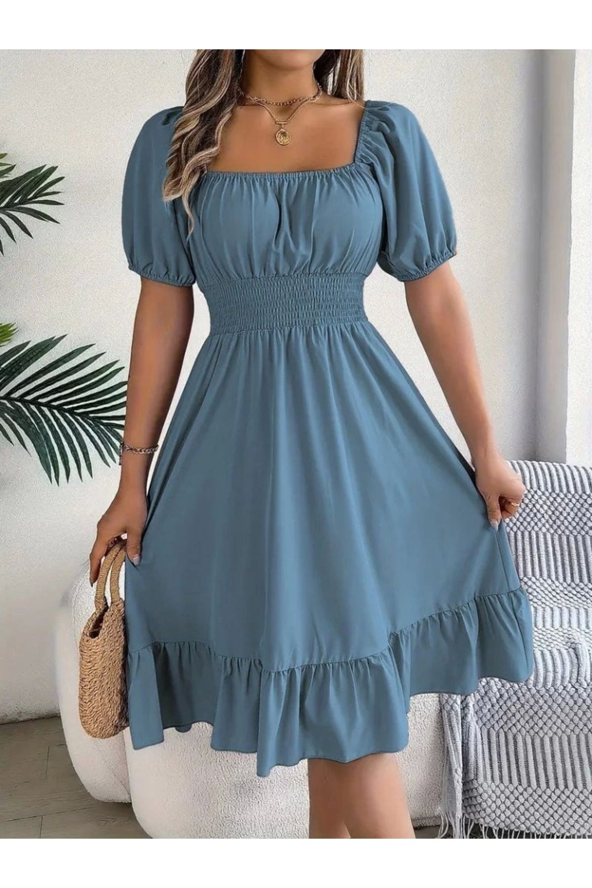 Butik Kadın Kısa Kollu Kare Yakalı Beli Lastikli Kısa Trikoton Elbise