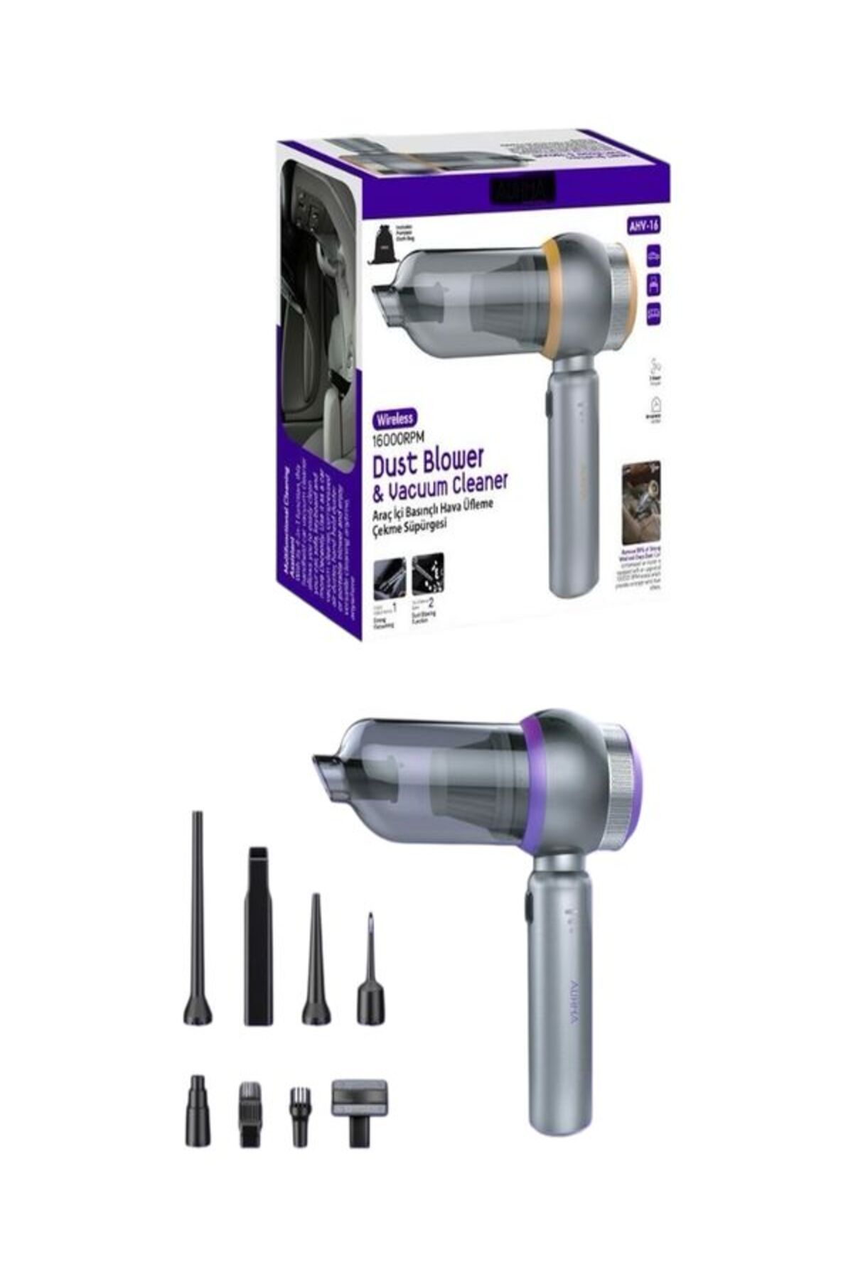 DEANB AHV 8in1 Kablosuz 16000 PA Araç, Ev, Ofis İçi Mini Süpürge – 6000 mAh Şarjlı, Vakum + Üfleme