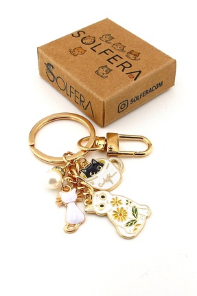 Solfera Beyaz Kediler Çiçek ve İnci Top Sallantılı Metal Anahtarlık Çanta Süs...