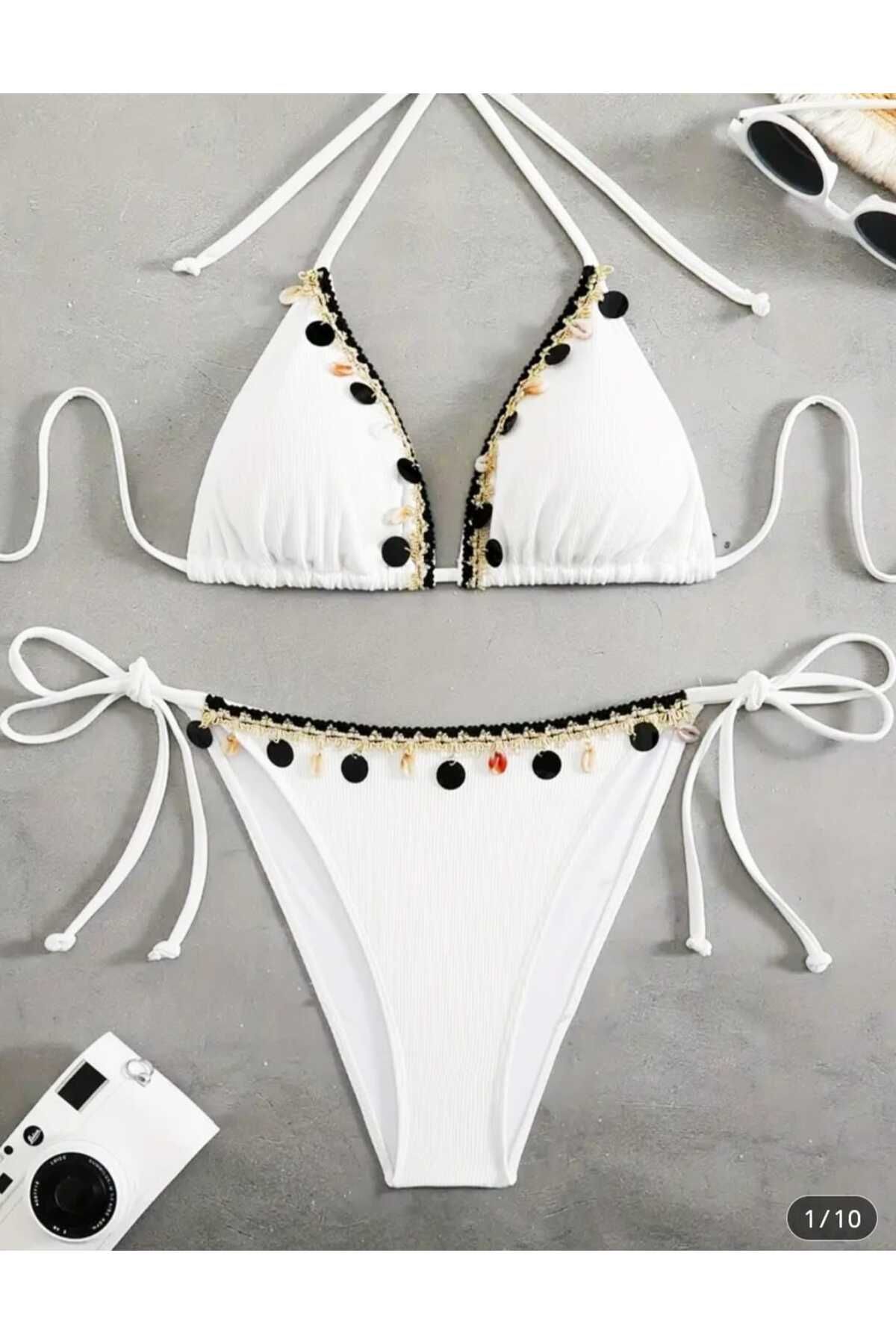 İthal Pul detaylı üçgen beyaz bikini takımı