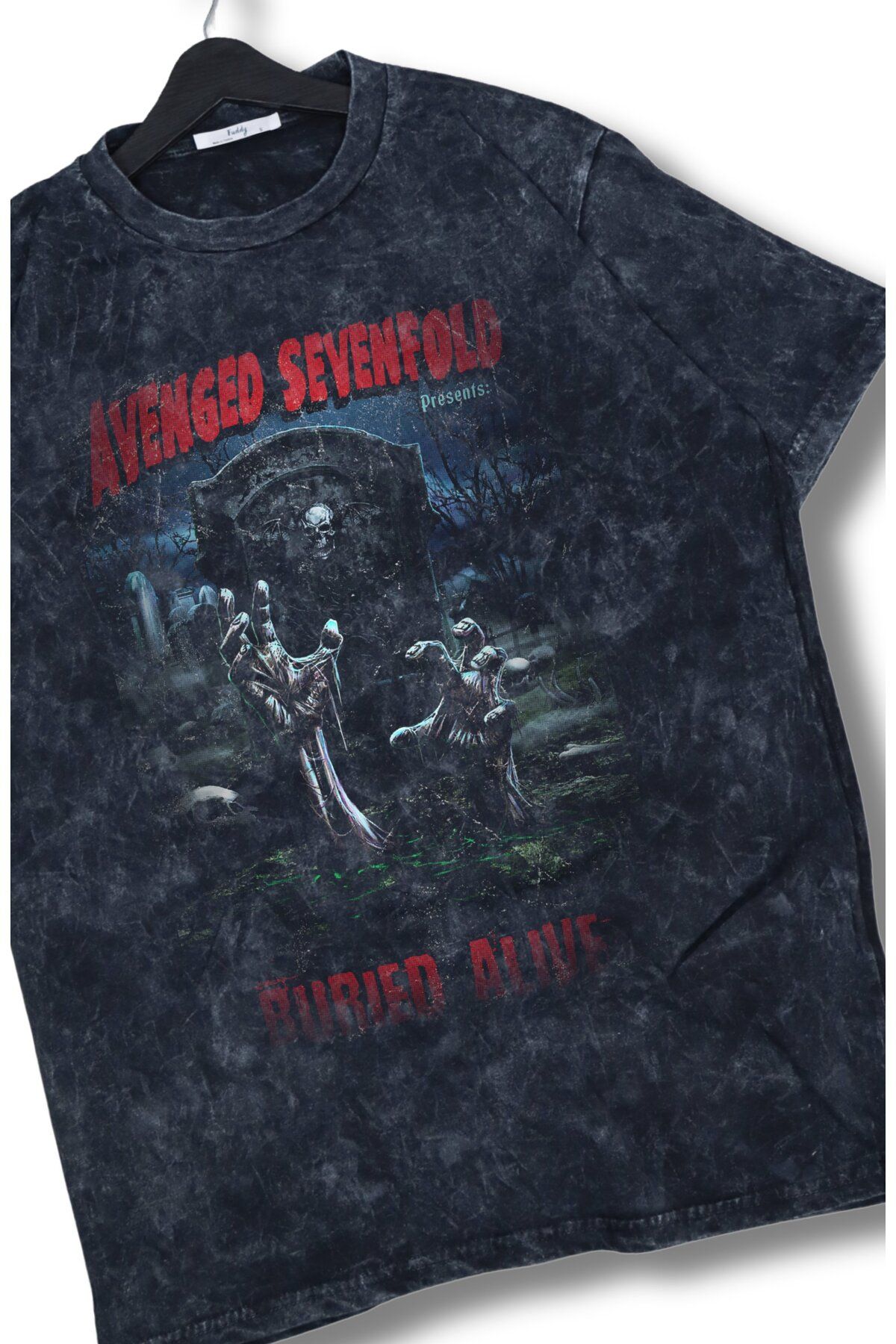 Fuddy Moda Oversize Avenged Sevenfold Buried Alive Baskılı Yıkamalı T-Shirt, Unisex Rock Band Temalı Tişört