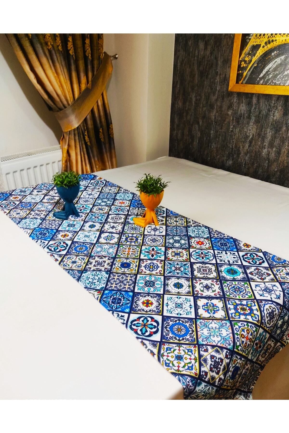 Elioure Mavi mermer desenli 6'lı servis seti, runner ve supla, şık ve modern tasarım