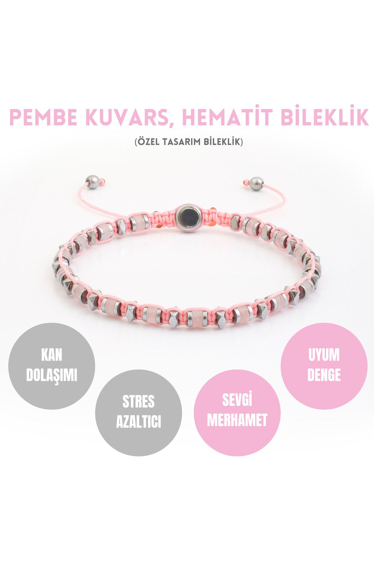 Sırlı Taş Pembe Kuvars, Hematit Bileklik - Iden Silver Pink Bileklik -