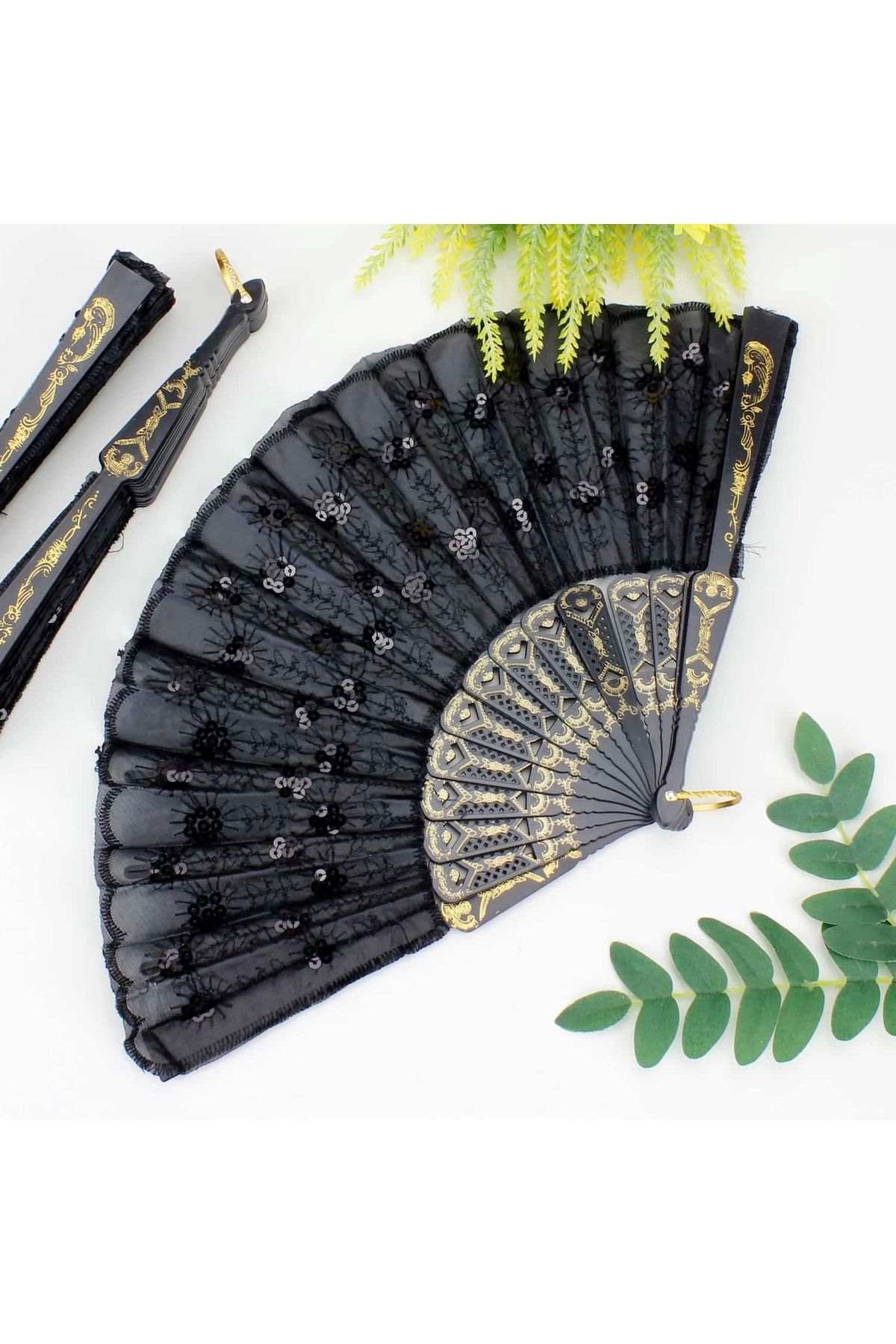 shop Plastik Pullu Kumaş Yelpaze 12'li Siyah