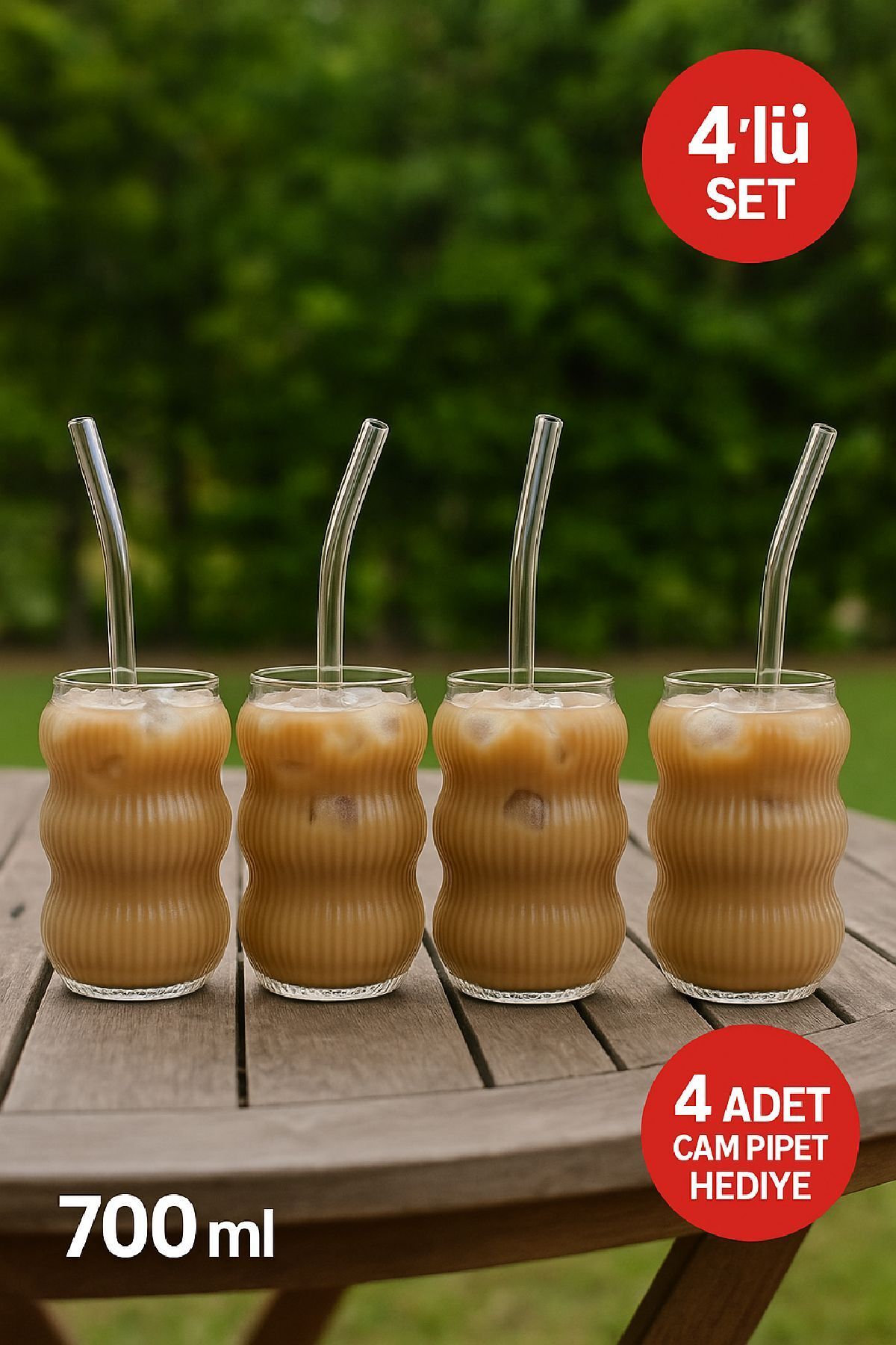 Open Home Concept 4’lü Set Cam Buzlu Soğuk Kahve Bardağı + Cam Pipet Hediyeli 700 ml