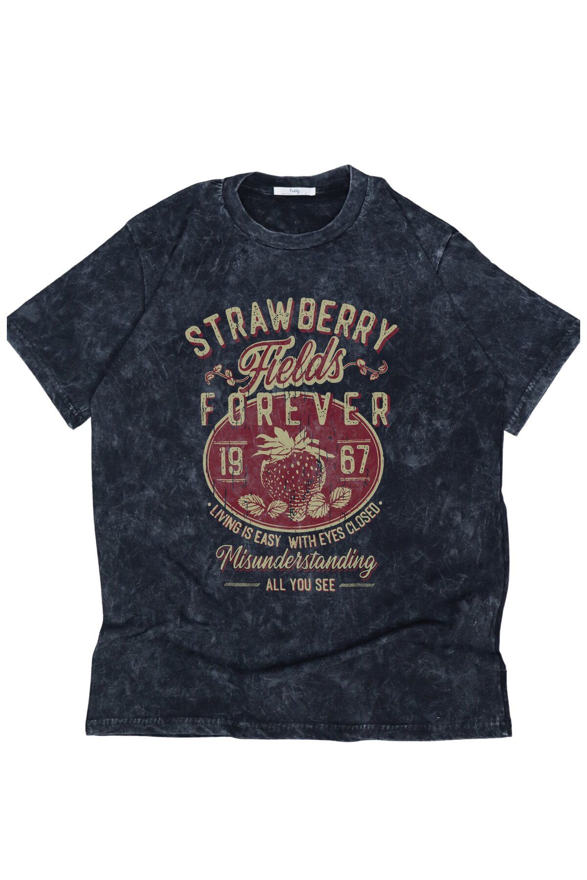 Fuddy Moda Oversize Strawberry Fields Forever Baskılı Yıkamalı T-Shirt, Unisex The Beatles Temalı Tişört