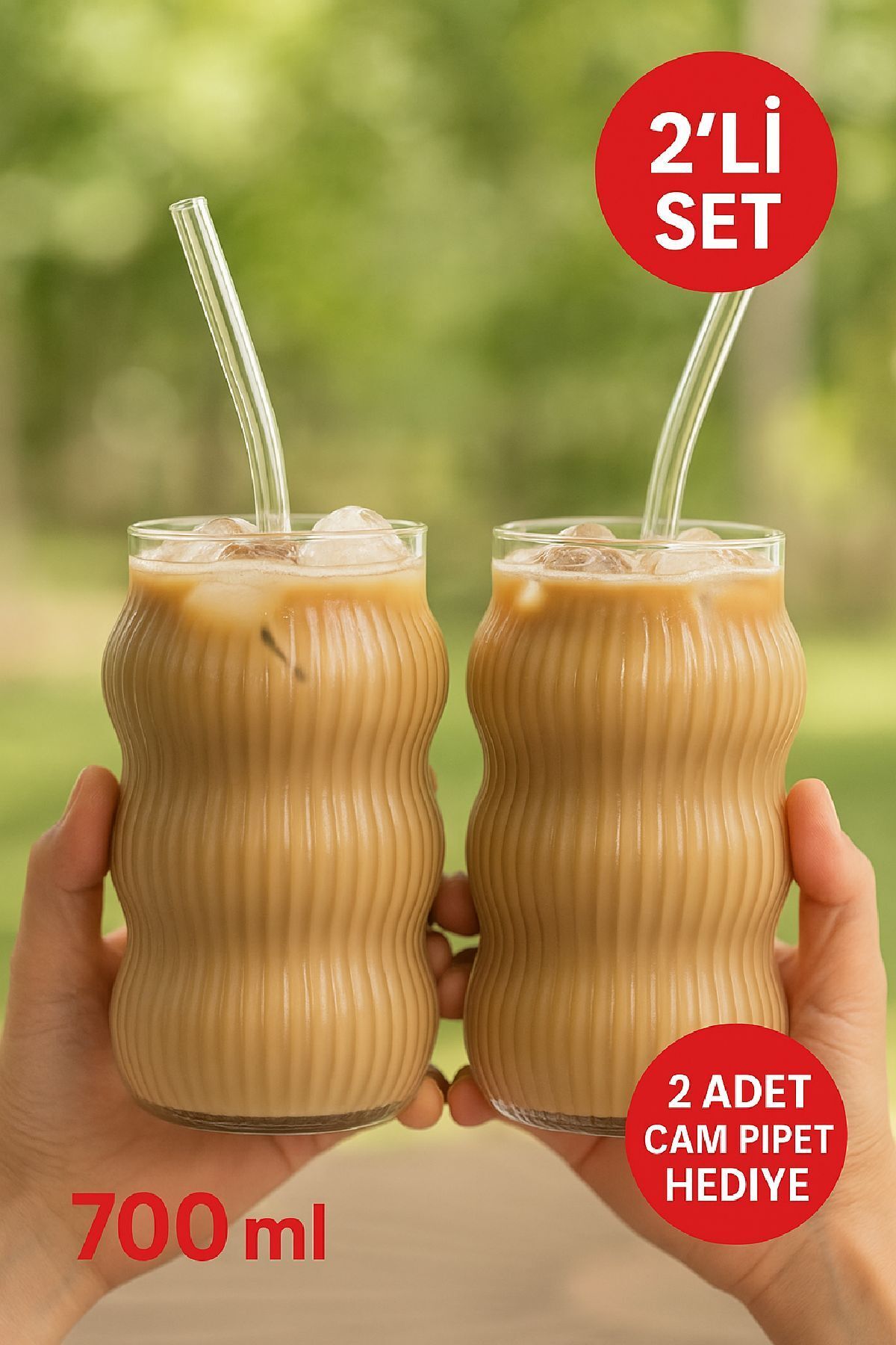 Open Home Concept 2 Adet Set Cam Buzlu Soğuk Kahve Bardağı + Cam Pipet Hediyeli 700 ml