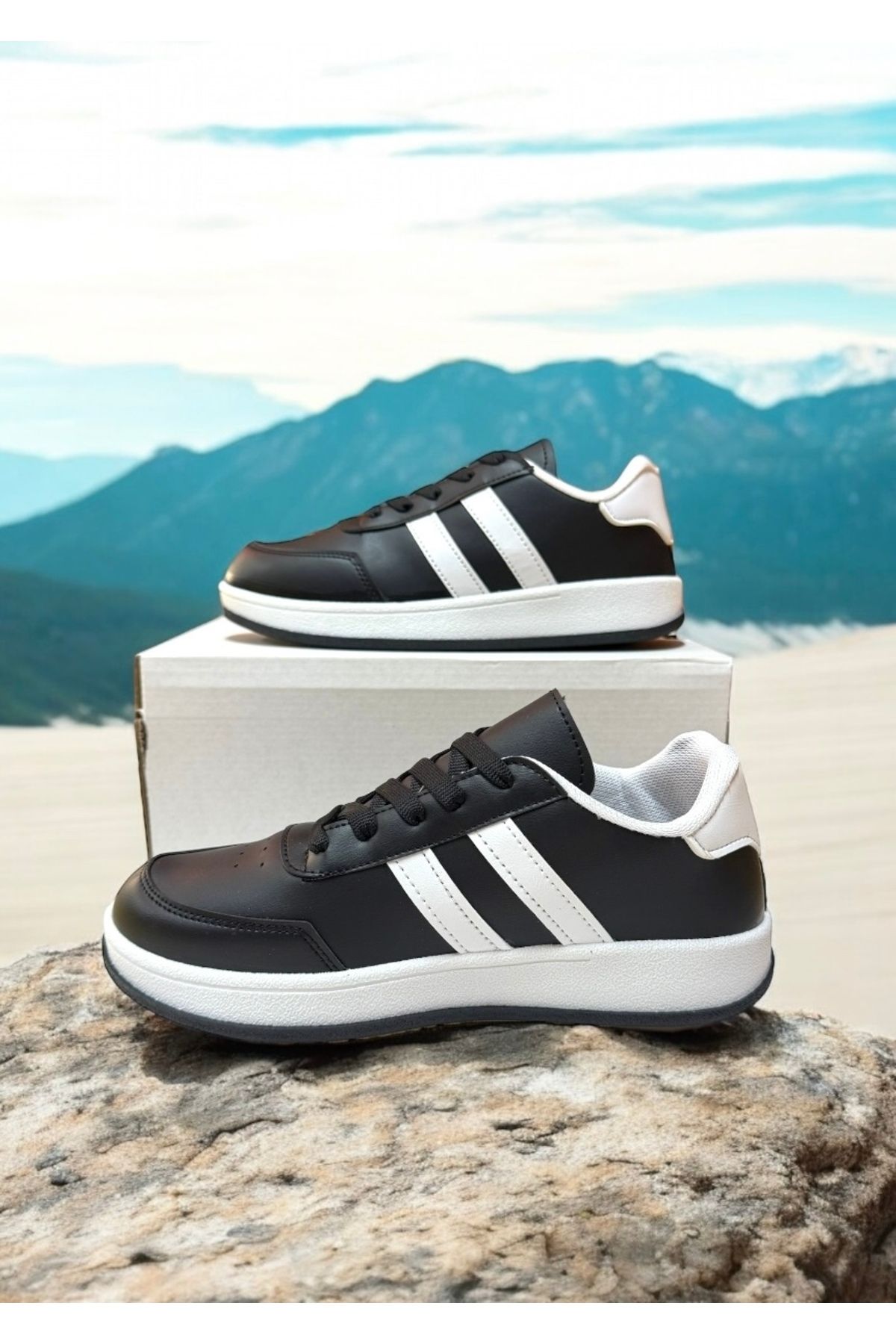 Trendova Siyah-Beyaz İki Bantlı Unisex Günlük Hafif Taban Sneaker Spor Ayakkabı
