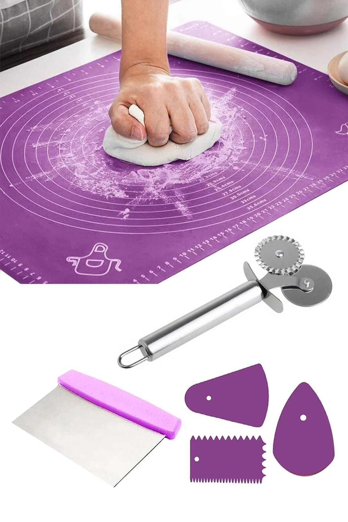 teknotrust 6 Parça Hamur Açma Seti, Silikon Mat, Spatula, Pizza Kesici ve Dekoratör