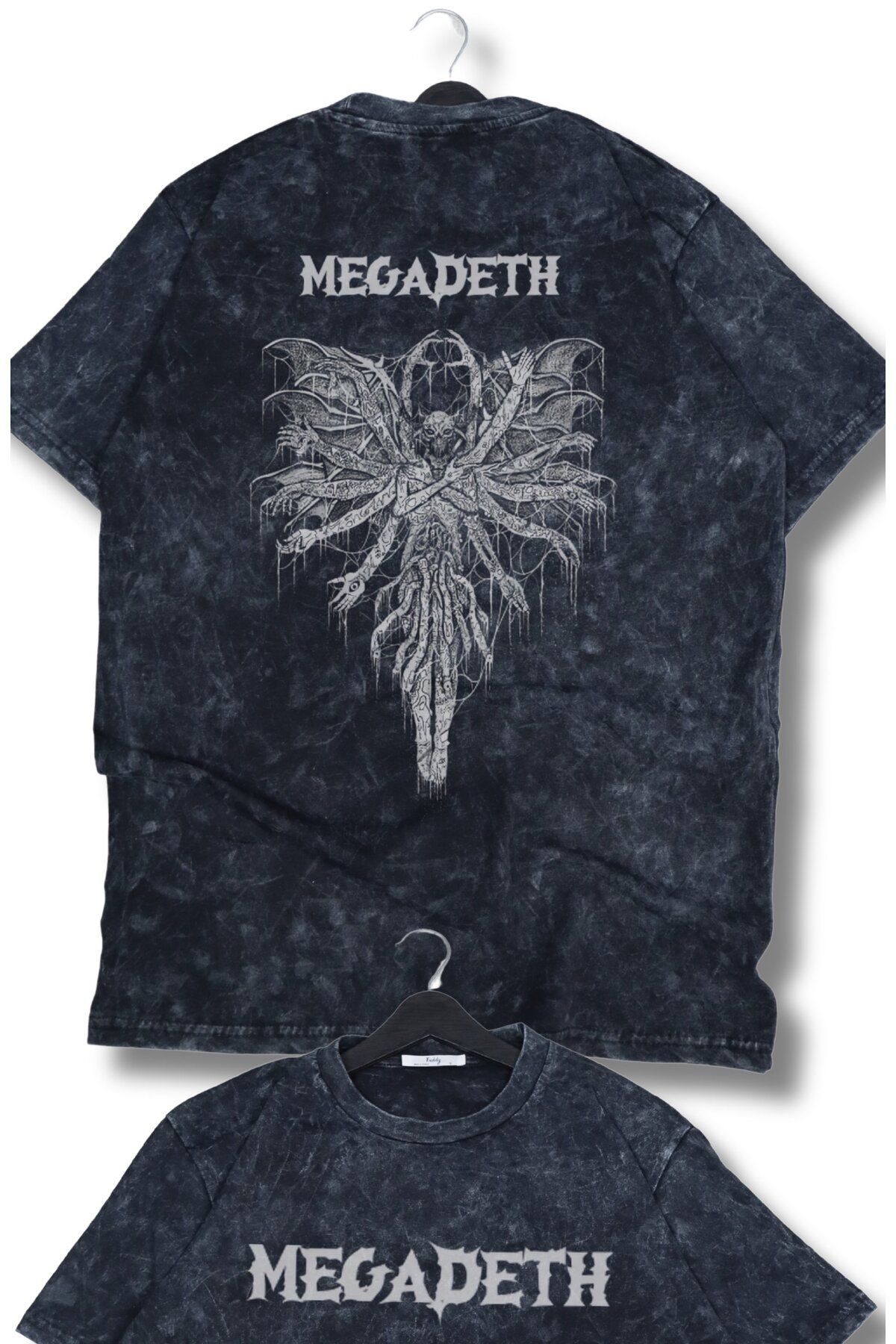 Fuddy Moda Oversize Yaratık Megadeth Sırt Baskılı Yıkamalı T-Shirt, Unisex Rock Band Temalı Vintage Tişört