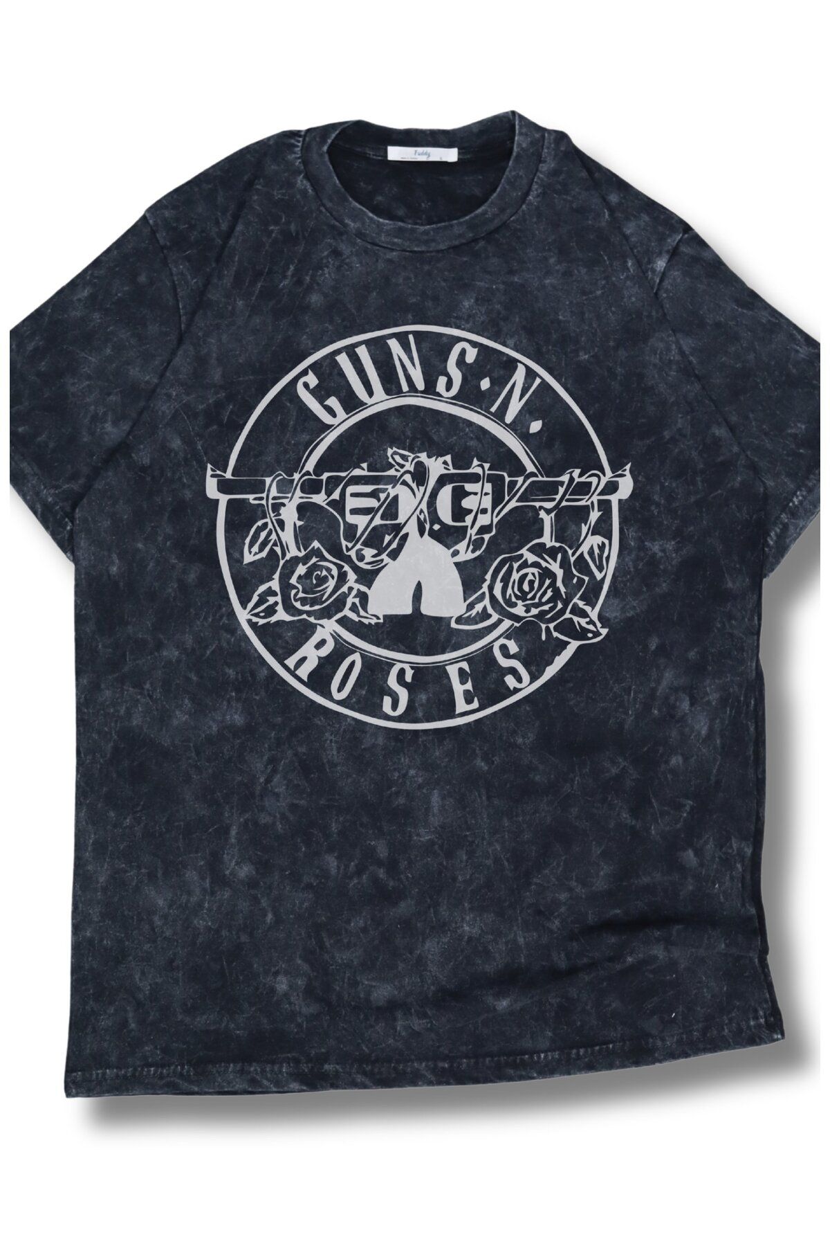 Fuddy Moda Oversize Guns N' Roses Yazılı Yıkamalı T-Shirt, Unisex Rock Band Baskılı Vintage Tişört