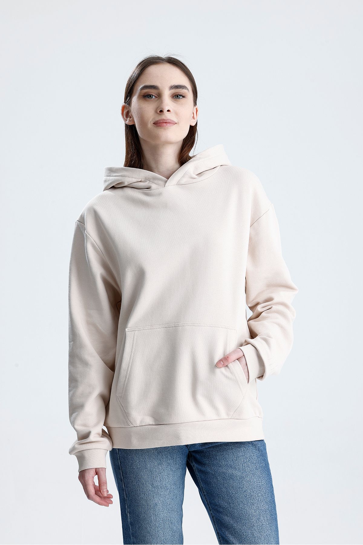 Sofist İstanbul Ekru Relaxed Fit Unisex Hoodie %100 Pamuk Kapüşonlu Kanguru Cepli Düz Renk
