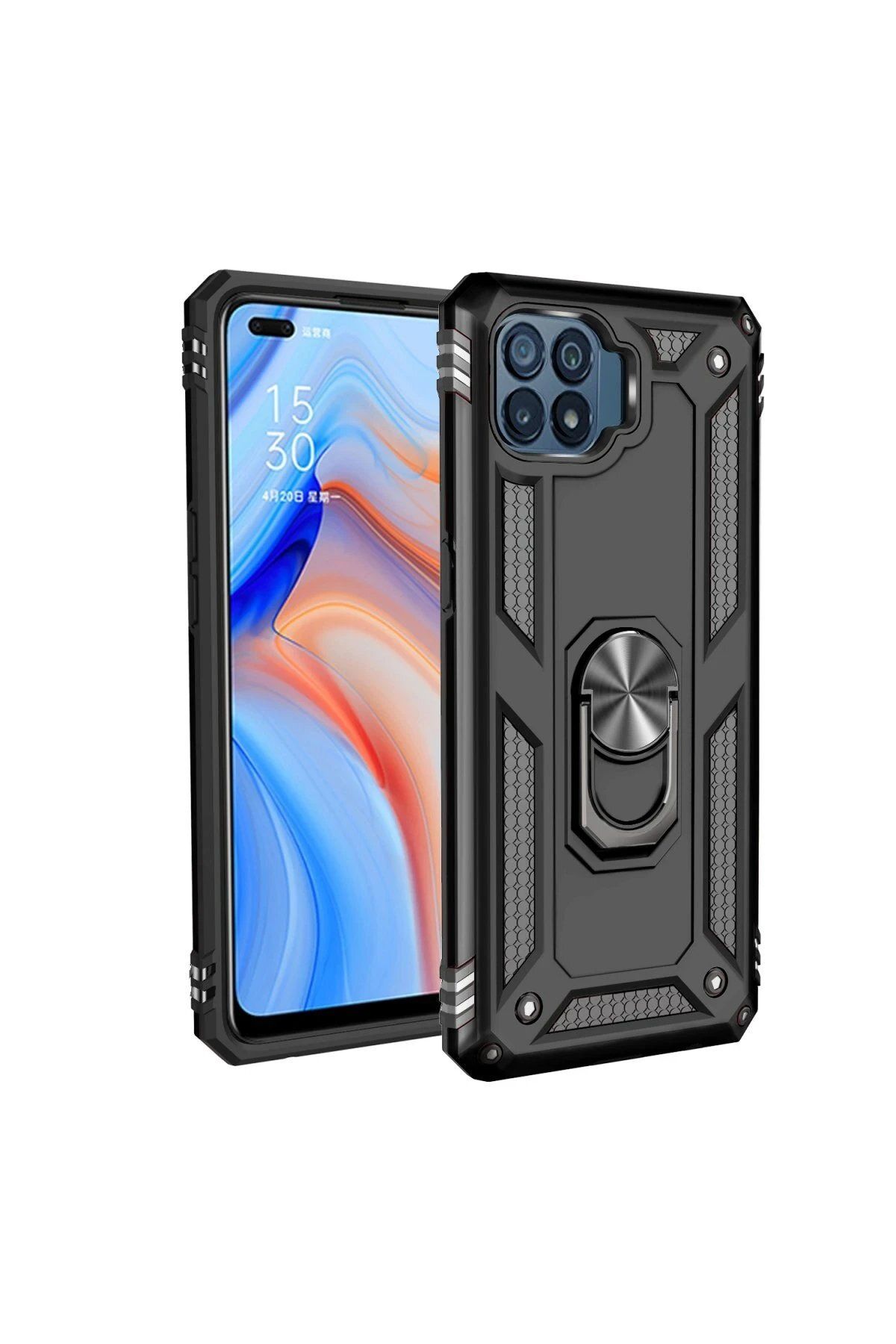 ENEFENDİ Newface Oppo Reno 4 Lite Kılıf Sofya Yüzüklü Silikon Kapak - Siyah
