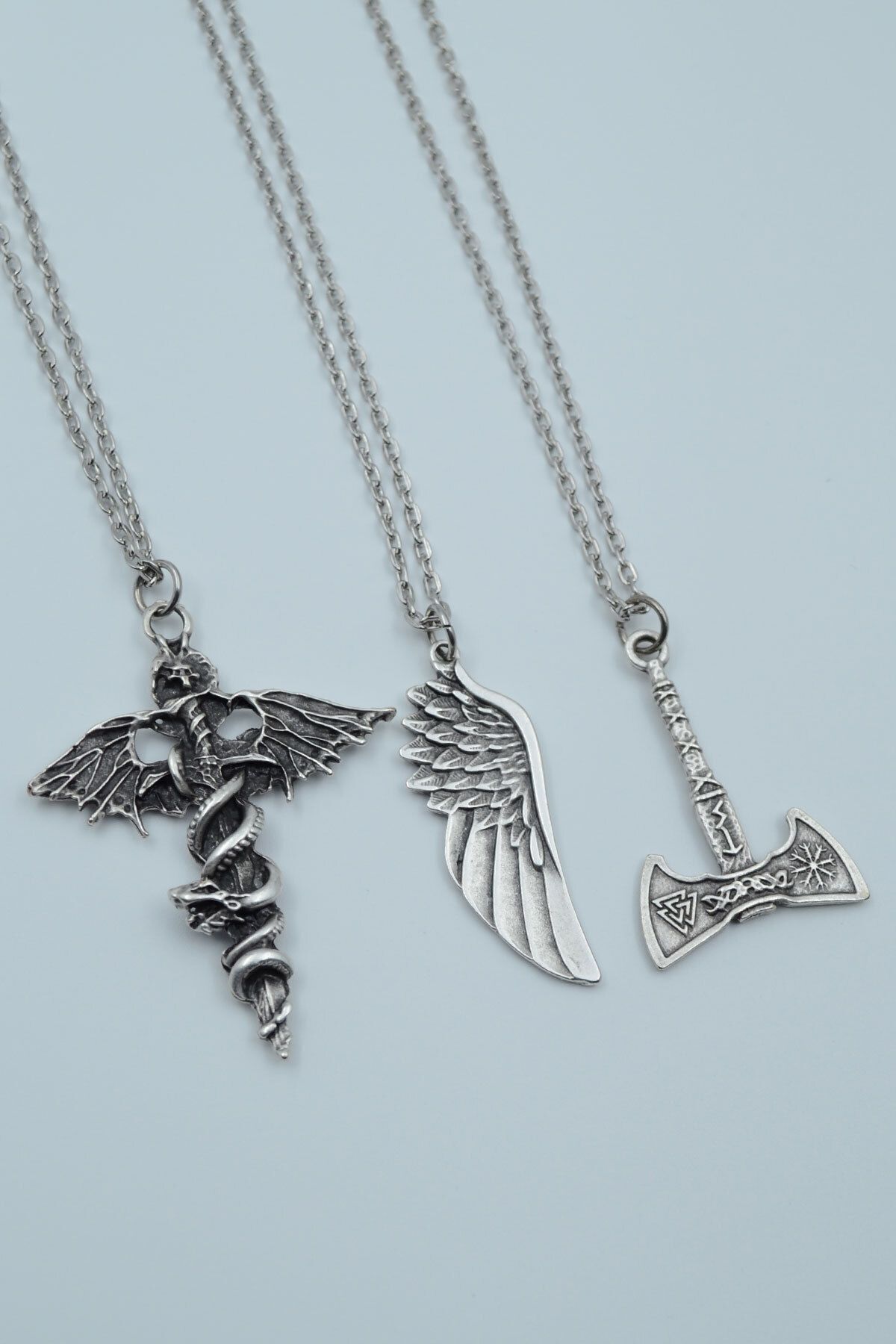 teknotrust 3'lü Kılıç, Yarasa, Yılan ve Viking Balta Kolye Seti, Silver, Kod:1215