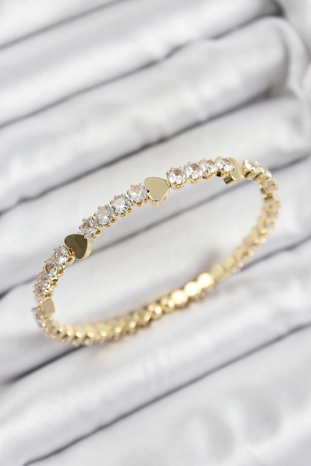 prativas Pirinç Zirkon Taşlı Kalp Model Gold Renk Yaylı Kadın Bileklik