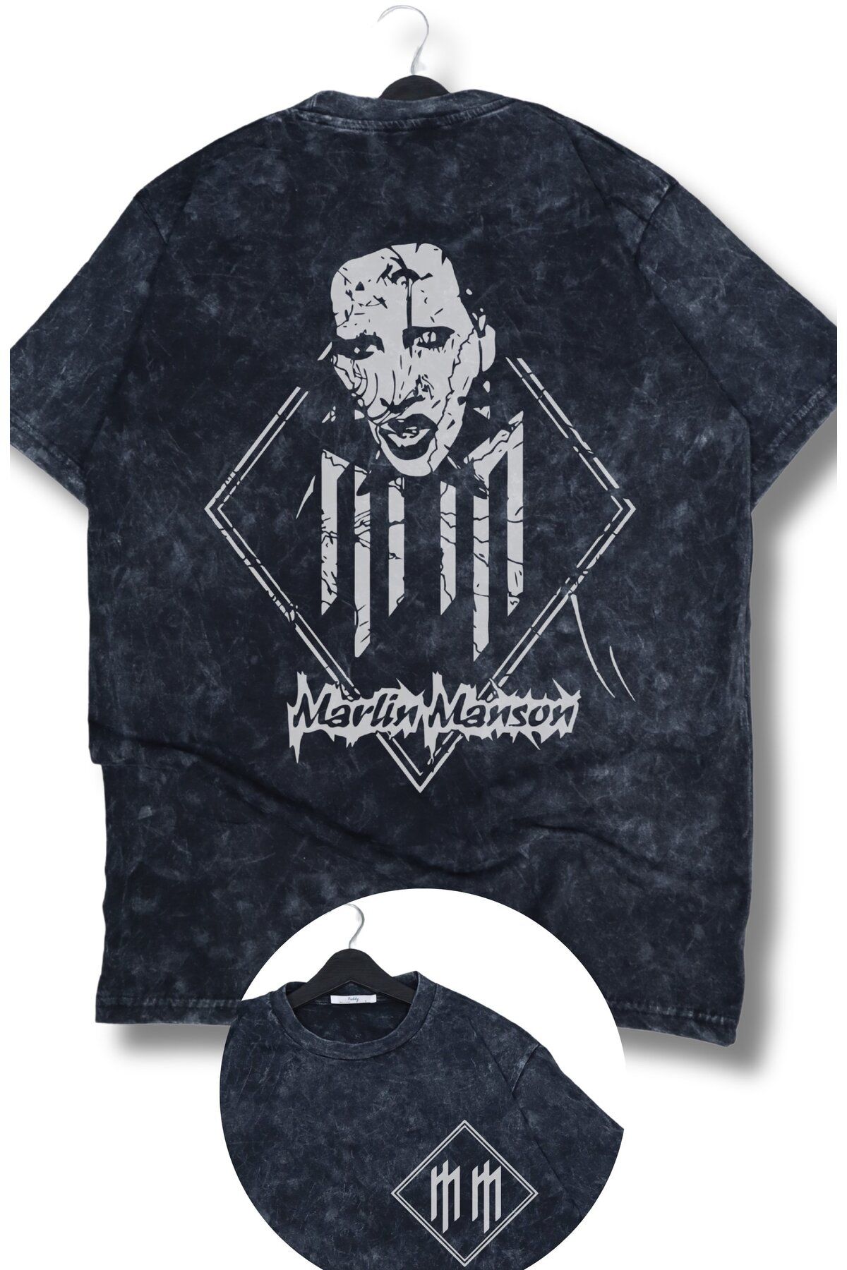 Fuddy Moda Oversize Marlin Manson Cep Sırt Baskılı Yıkamalı T-Shirt, Unisex Rock Band Temalı Vintage Tişört