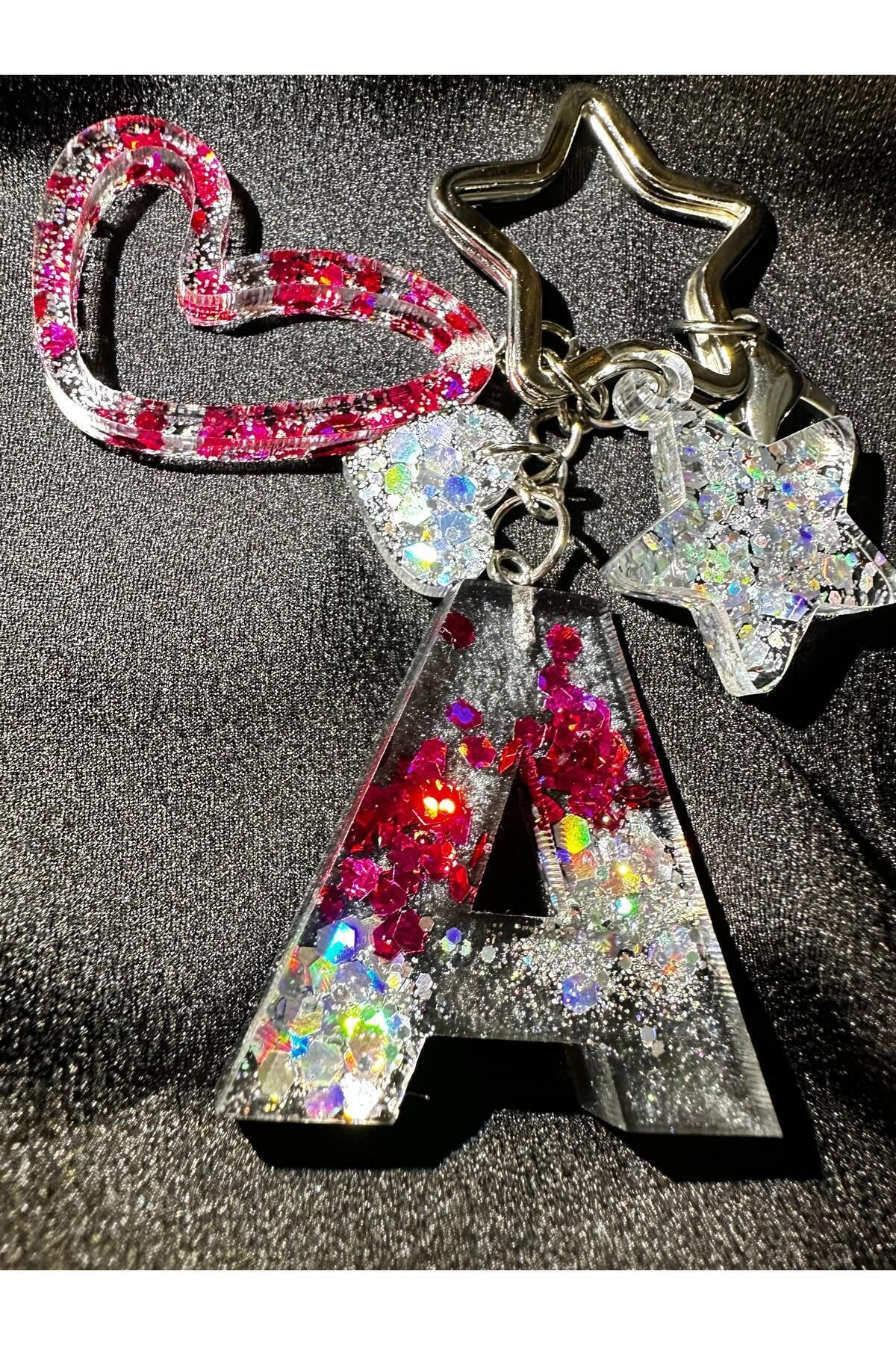 epoksiya A Harf Antrasit Gri Renk Fuşya Glitter Yıldız Kancalı VIP Ekstra Figürlü Epoksi Harf Anahtarlık