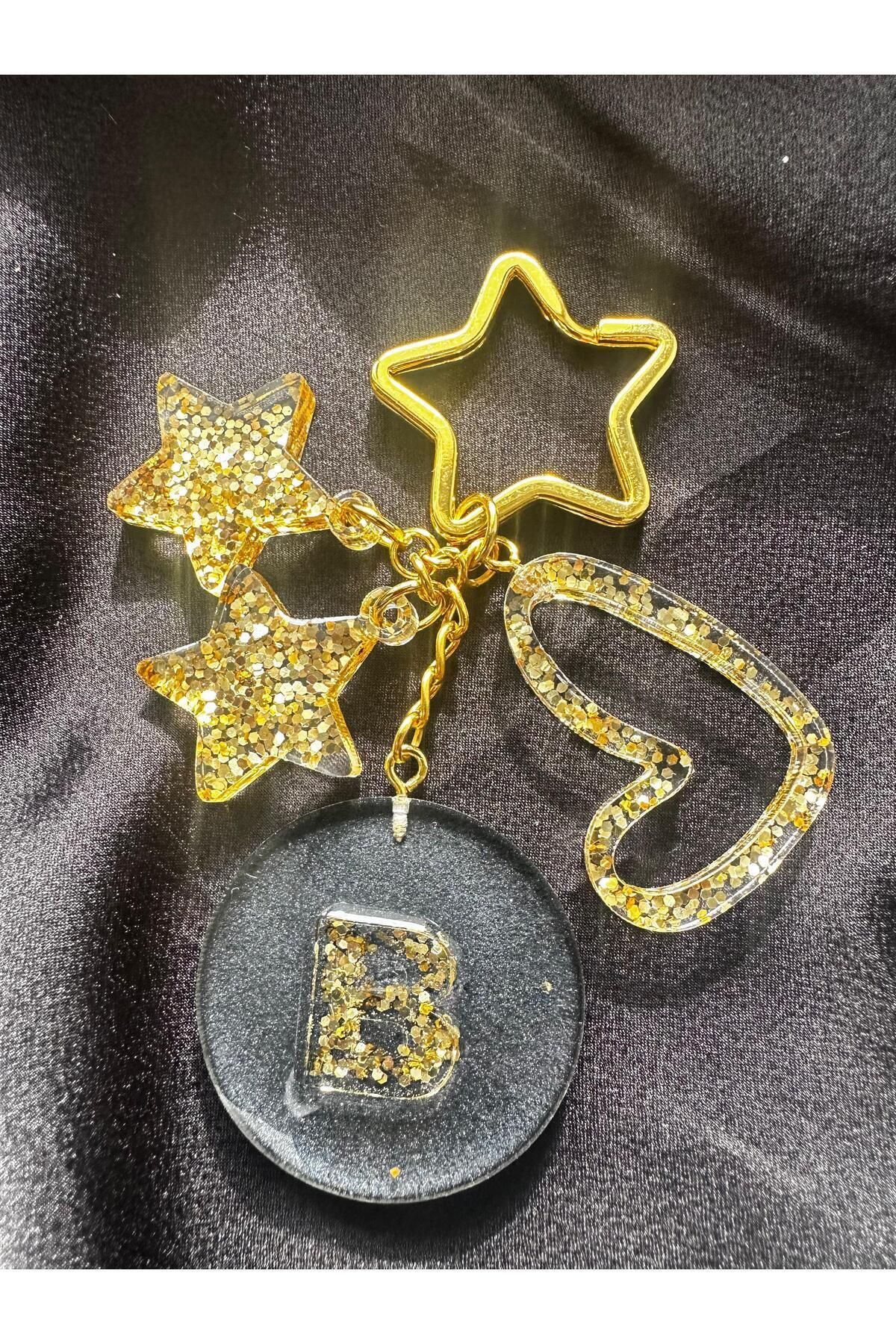 epoksiya B HARF GOLD SİMLİ DAİRE TASARIM EKSTRA FİGÜRLÜ EPOKSİ HARF ANAHTARLIK HEDİYELİK ANAHTARLIK