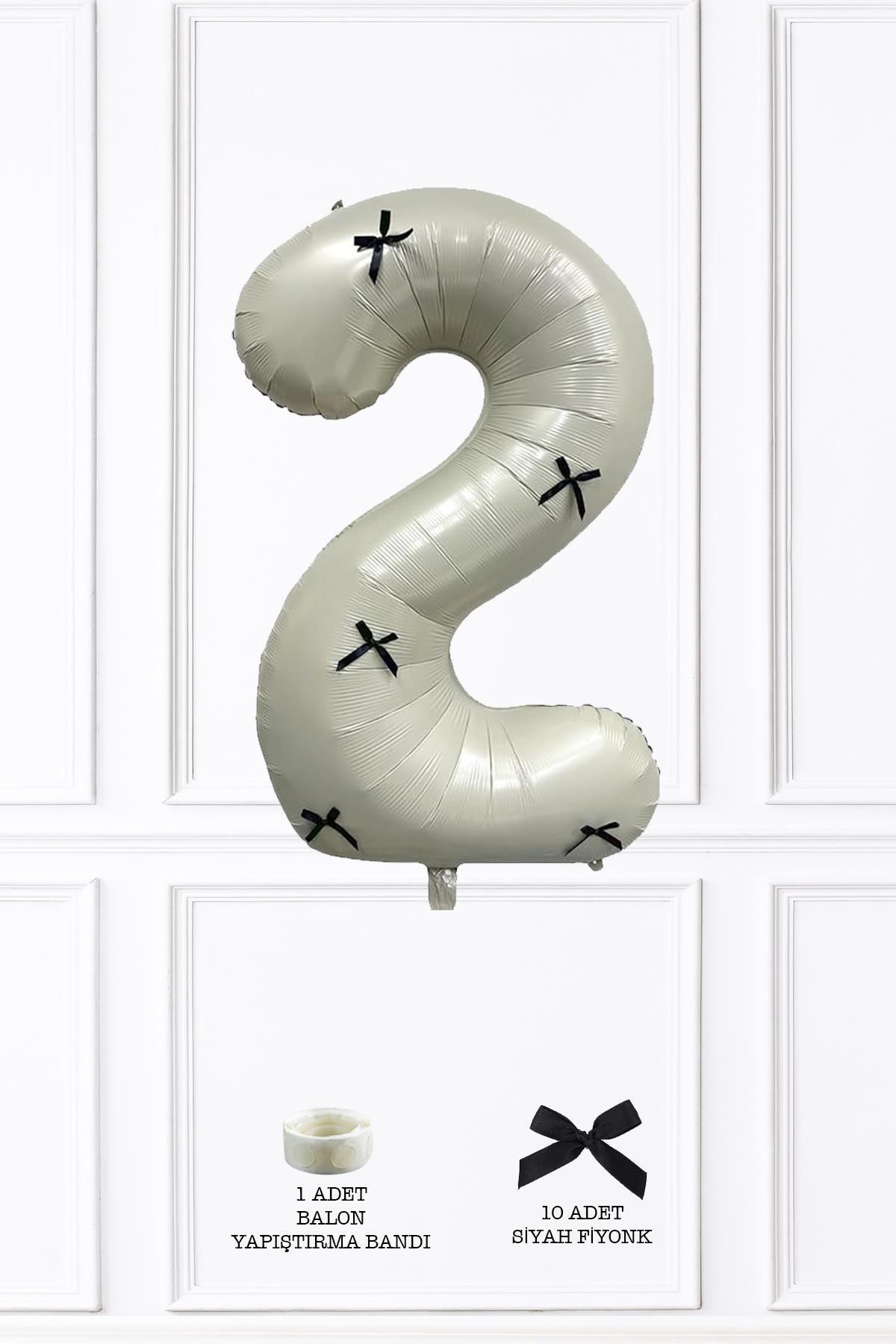 PEKSHOP 2 Yaş Siyah Fiyonklu Retro Krem Rakam Balon 80 Cm Siyah Kurdeleli