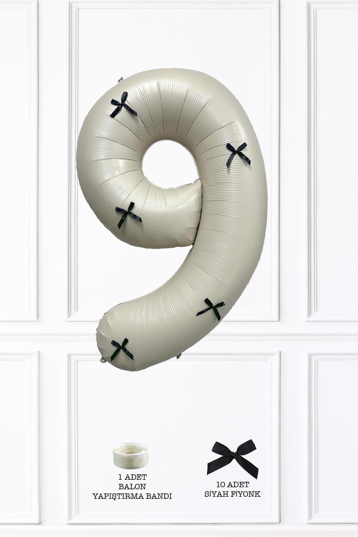 PEKSHOP 9 Yaş Siyah Fiyonklu Retro Krem Rakam Balon 80 Cm Siyah Kurdeleli