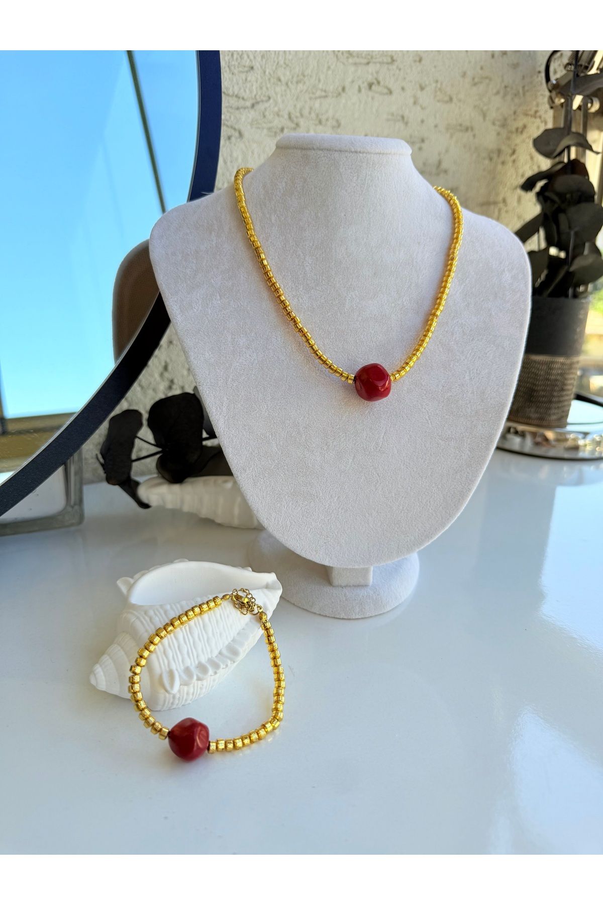 LUXURY JEWELRY Doğal Mercan & Lav Taşı Kolye Bileklik Seti