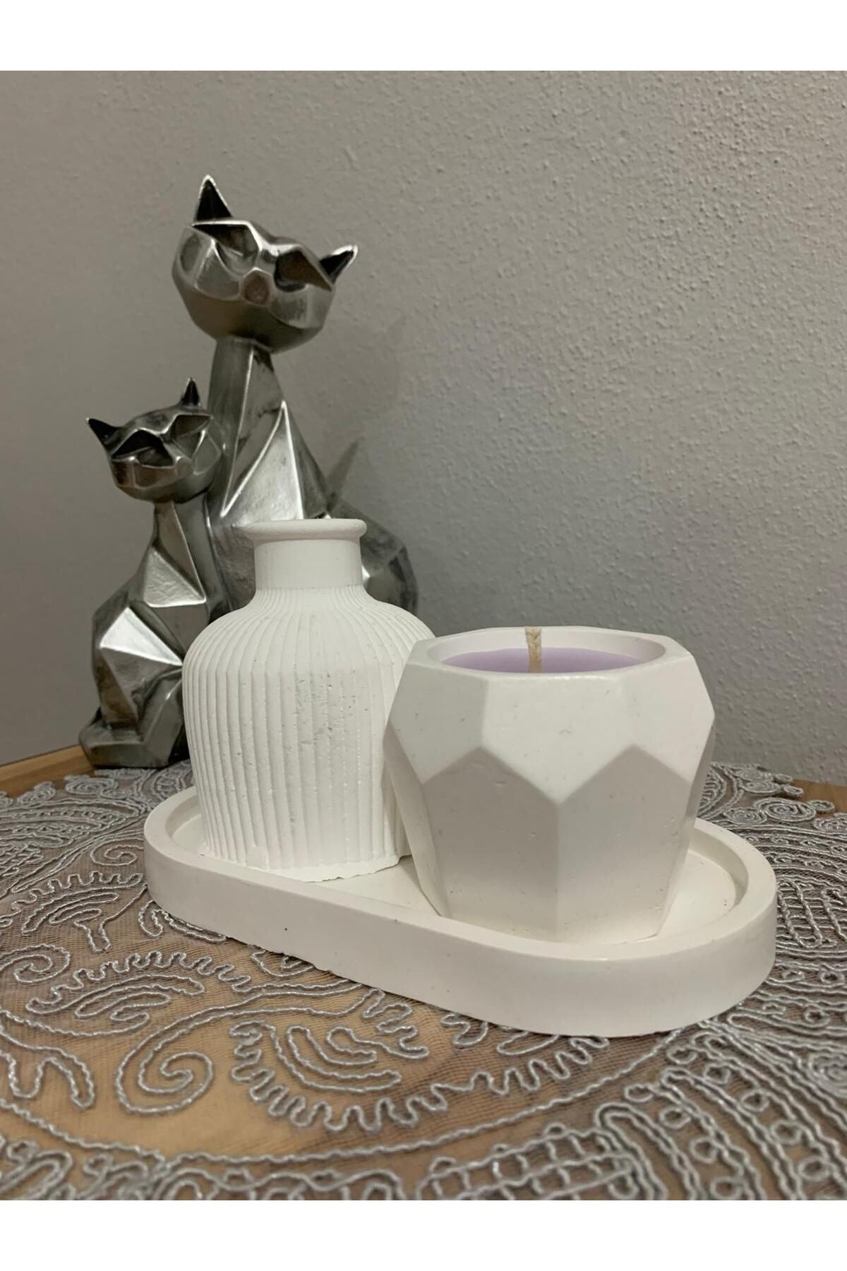 T M DESIGN HOUSE Beyaz Tepsili Modern Dekoratif 3lü Set