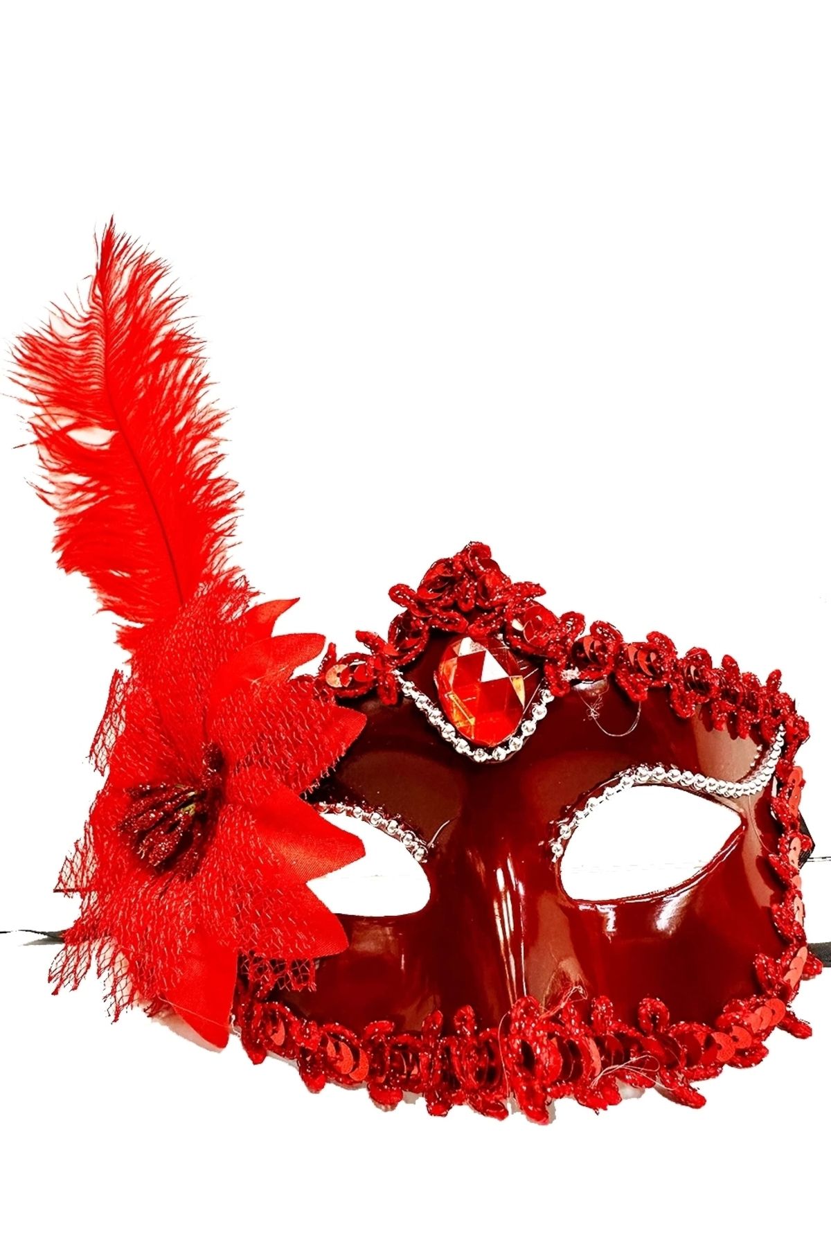 shop Kırmızı Mat Renk Yandan Tüylü Güllü Parti Balo Venedik Maskesi 16x22