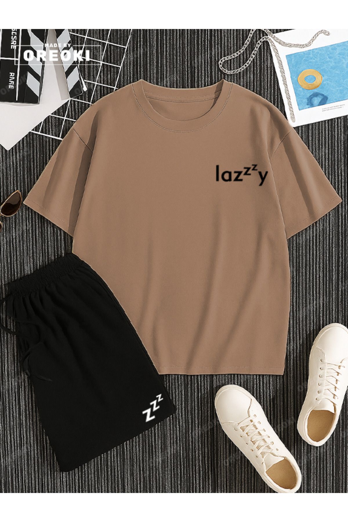 EFFRENATU Lazzzy Baskılı Pamuklu Unisex Kremsi Tişört-Siyah Şort Takım