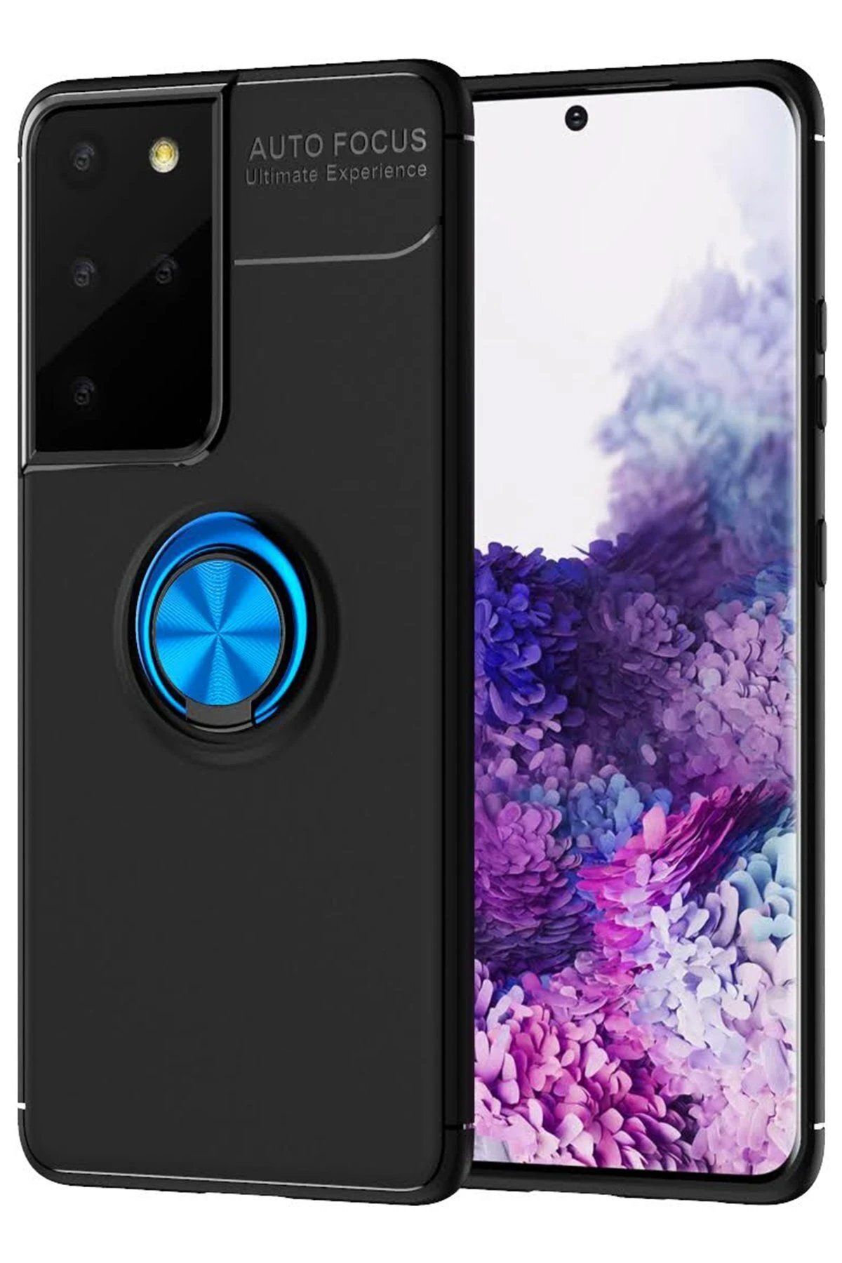Toptan Bulurum Newface Samsung Galaxy S21 Ultra Kılıf Range Yüzüklü Silikon - Siyah-Mavi