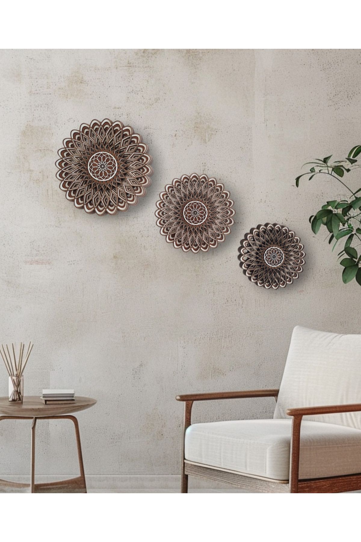 Home Ahşap çok katmanlı dekoratif 3 lü mandala tablo seti