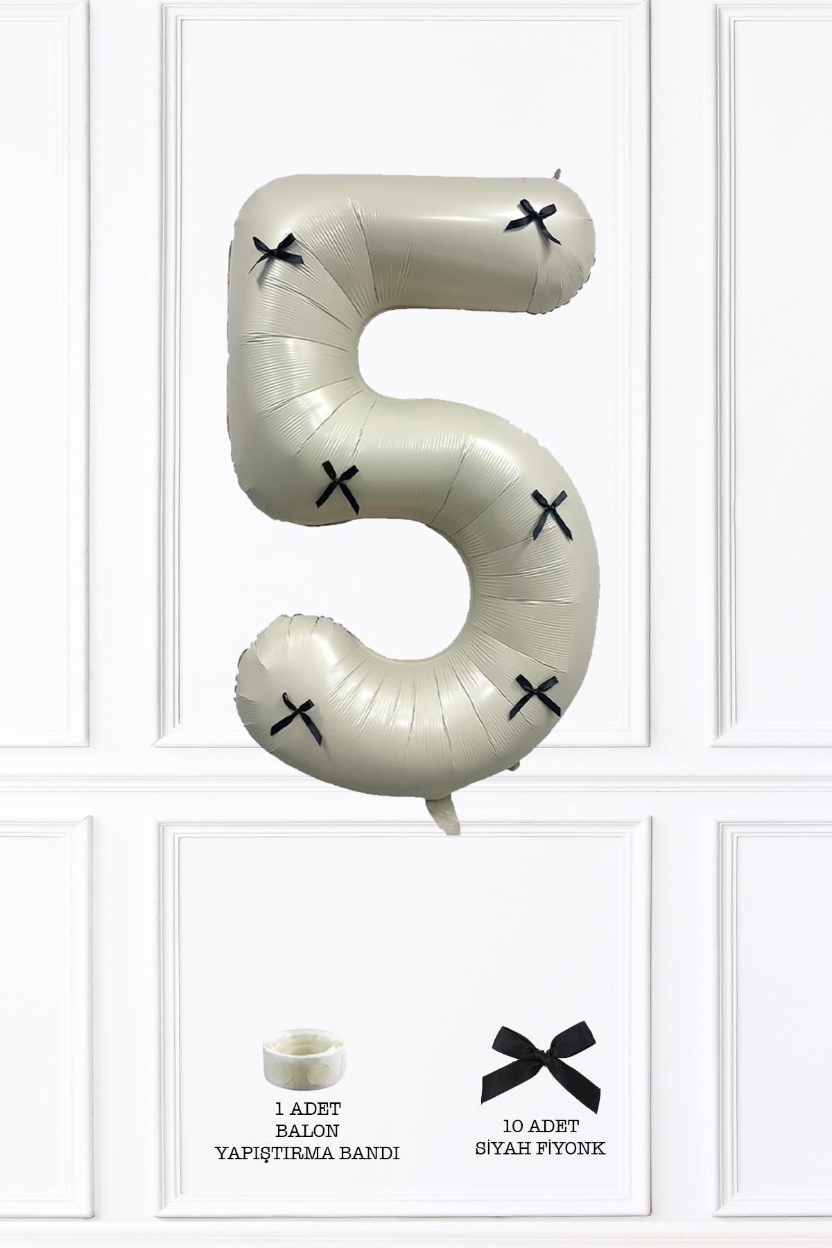 PEKSHOP 5 Yaş Siyah Fiyonklu Retro Krem Rakam Balon 80 Cm Siyah Kurdeleli