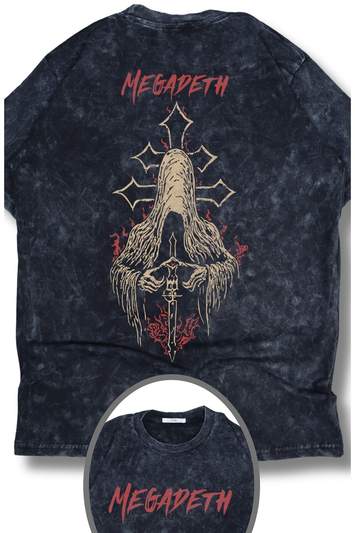 Fuddy Moda Oversize Haçlı Megadeth Sırt Baskılı Yıkamalı T-Shirt, Unisex Rock Band Temalı Vintage Tişört