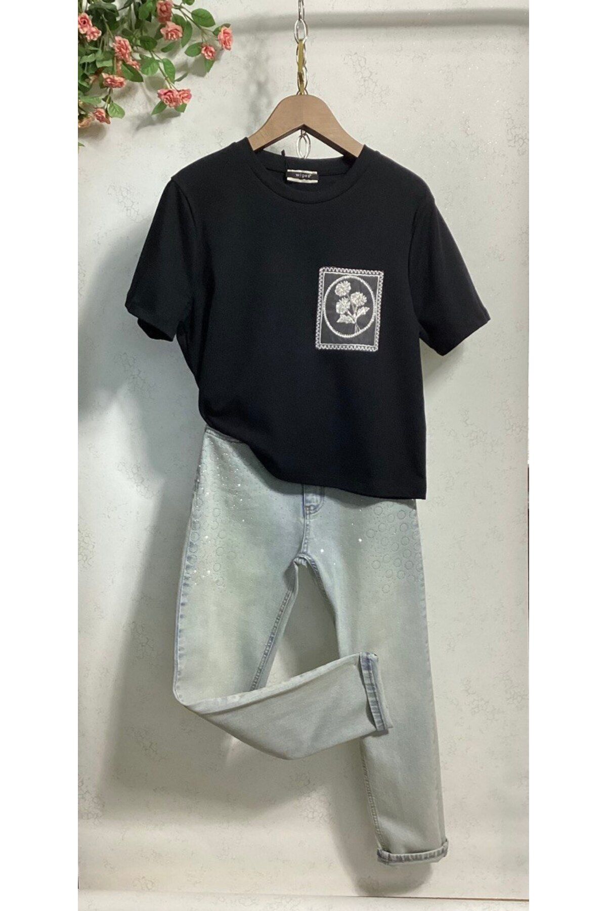 Wiges Kadın Bisiklet Yaka güpürlü Özel Tasarım T-shirt